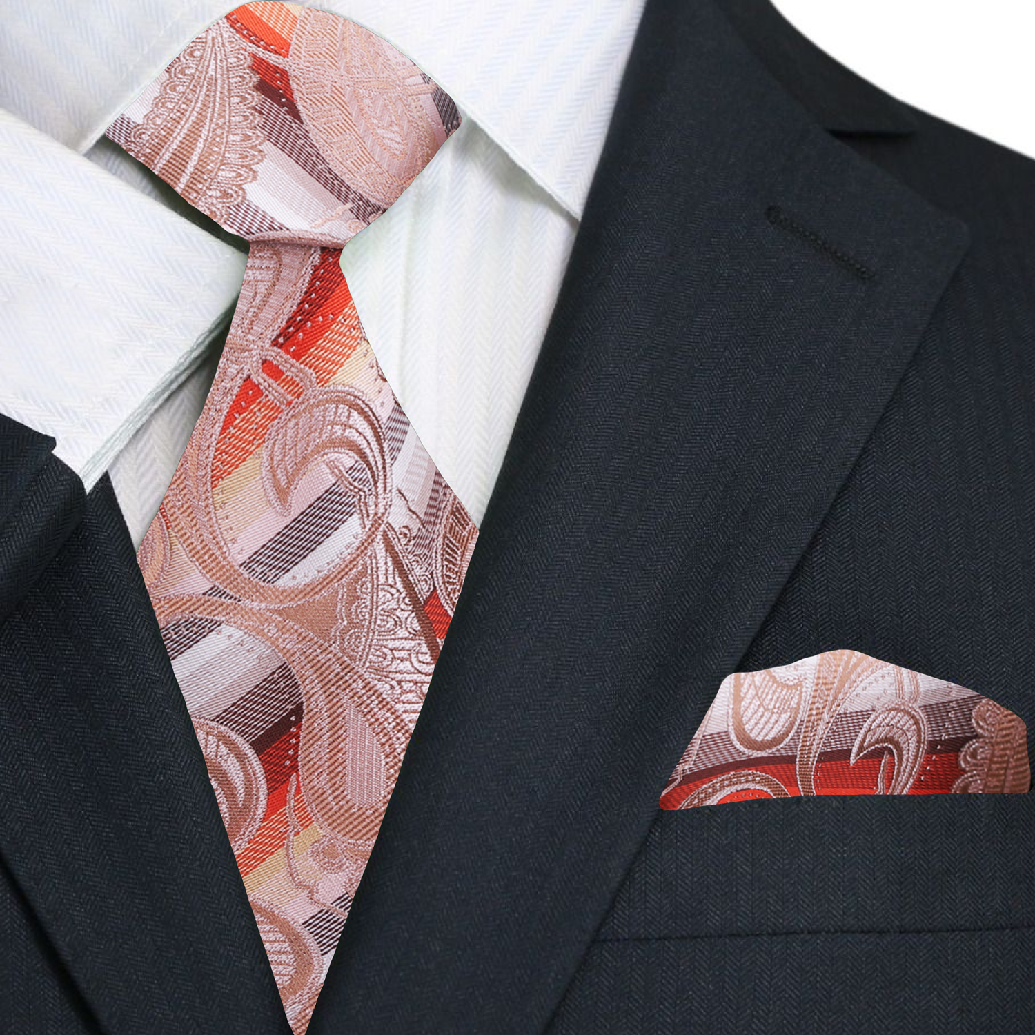 Close-up of the neckties paisley and stripe pattern highlighting pale peach and yellow tones