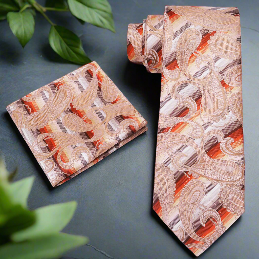 Striped necktie with pocket square set laid out beside a tan suit and light yellow dress shirt