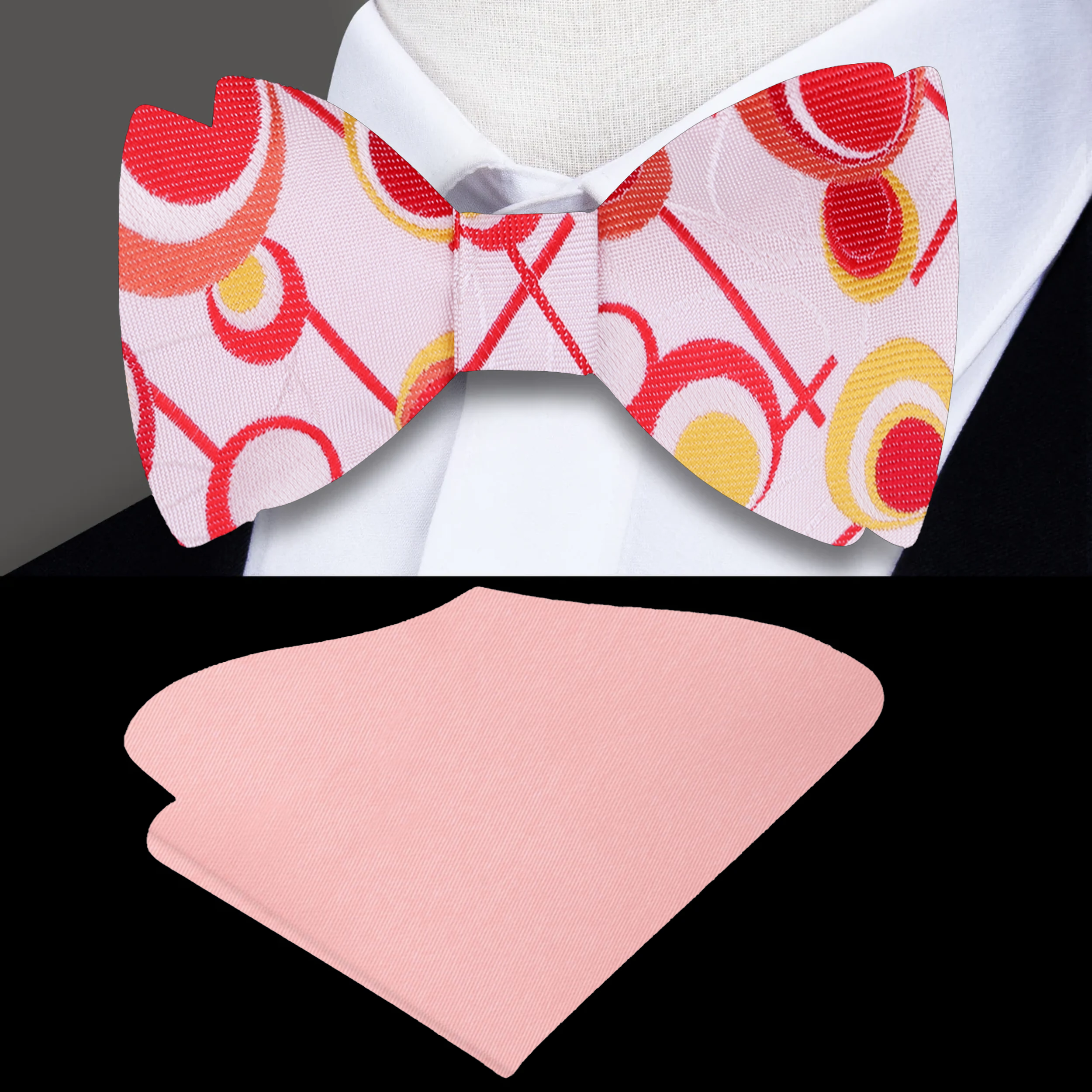 Front view of the vibrant circles self-tie bow tie showcasing its colorful pattern.