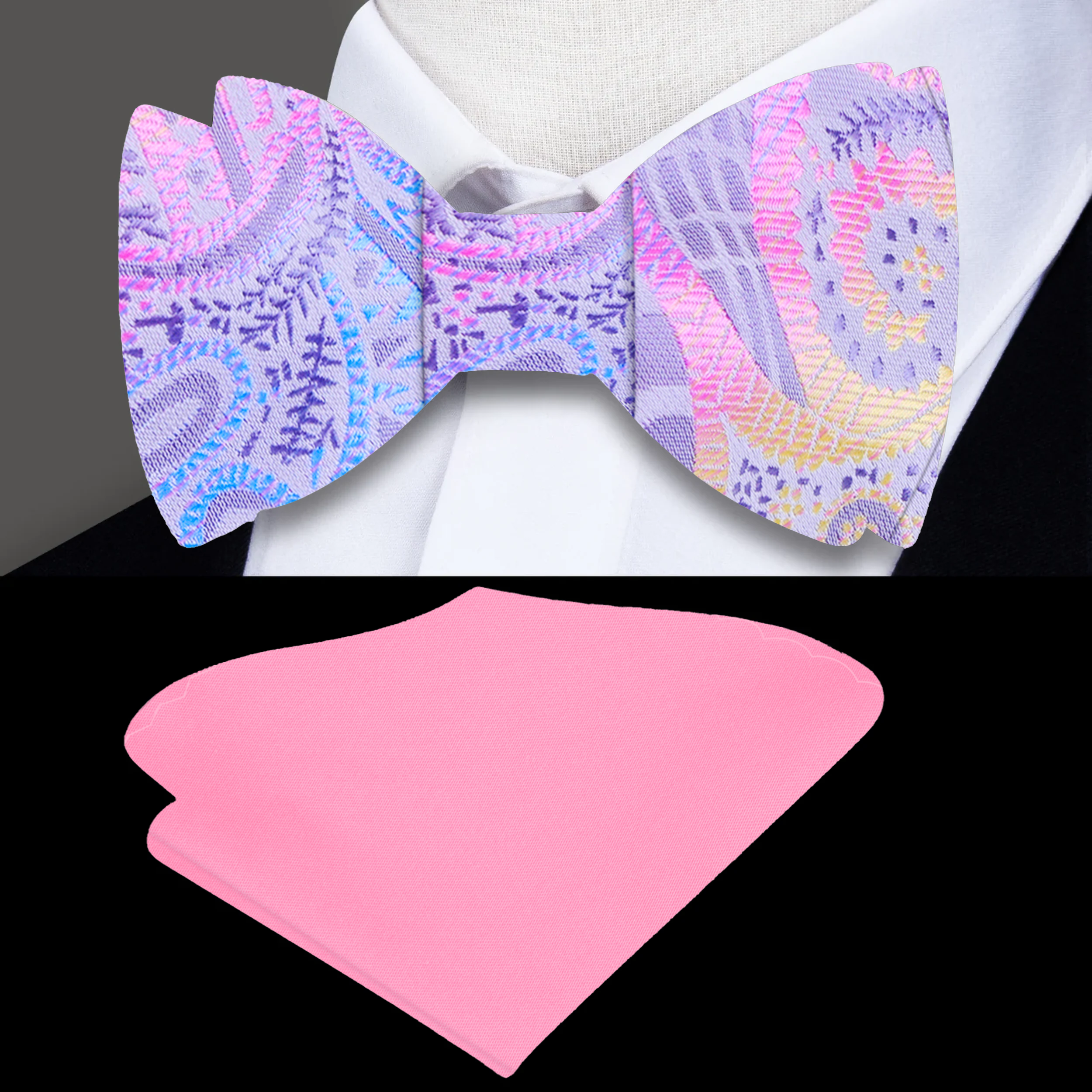 Close-up of pastel paisley self-tie bow tie with matching pocket square for weddings