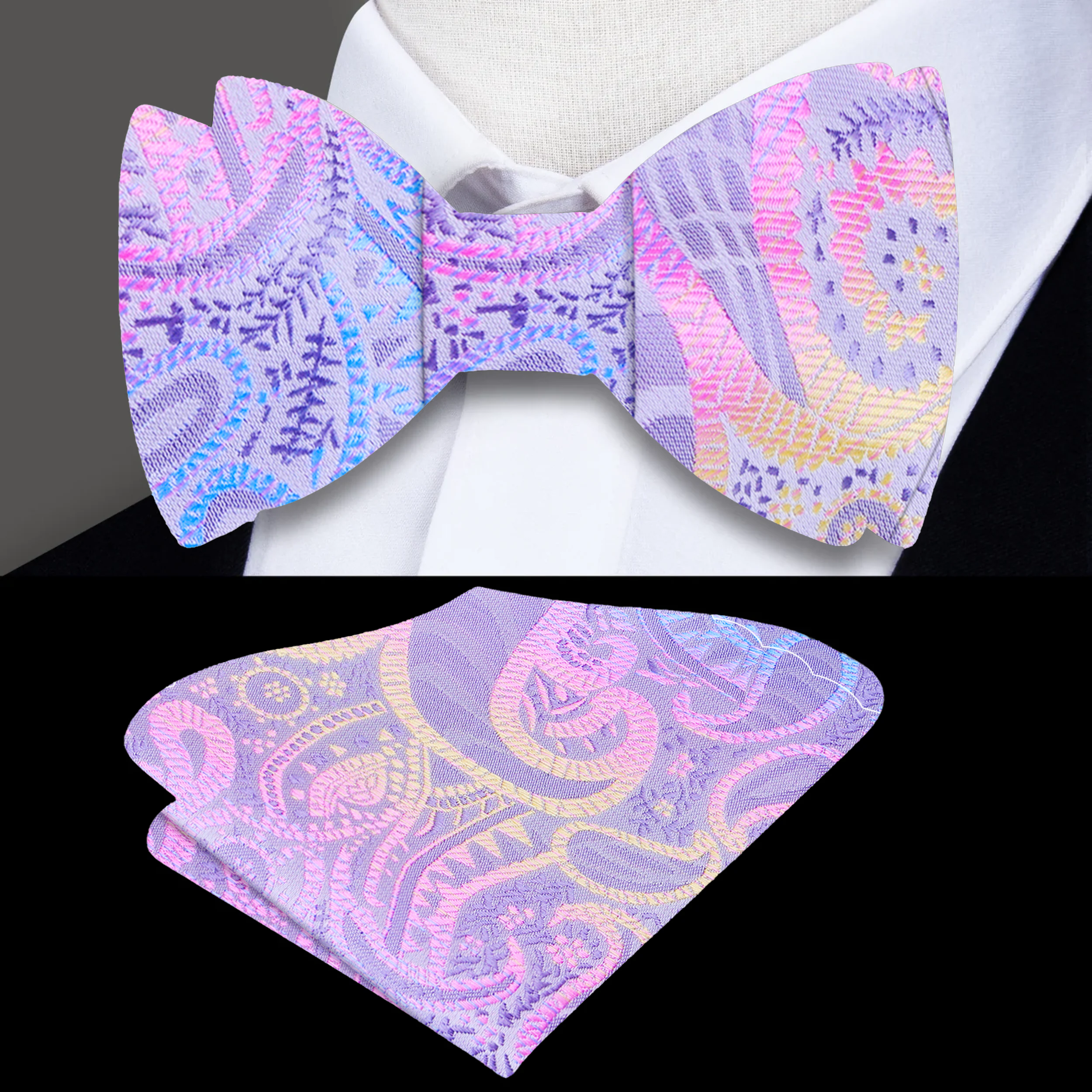 Elegant pastel paisley bow tie paired with a crisp white dress shirt for formal occasion