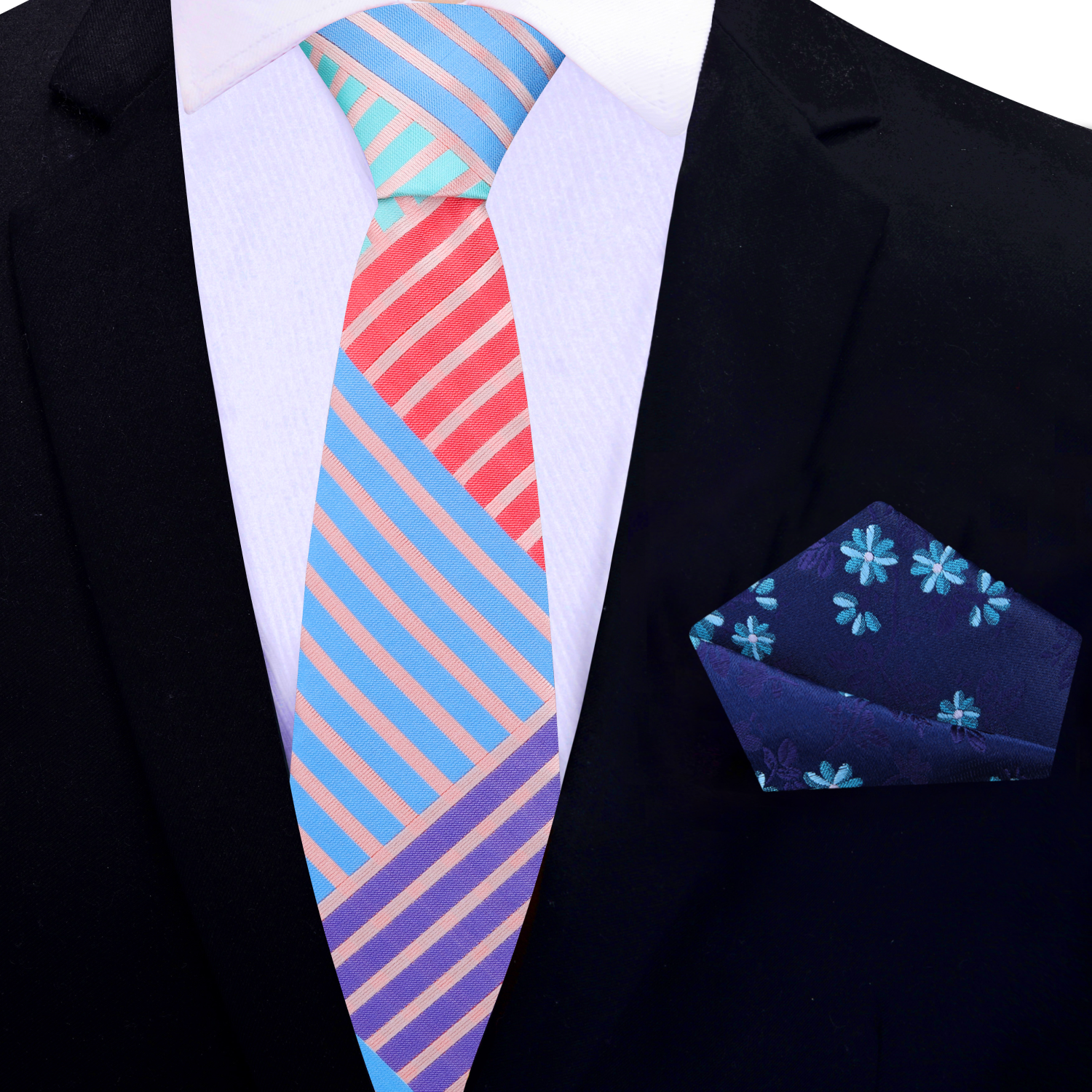 Close-up shot highlighting the vibrant colors and geometric pattern of the pastel tie