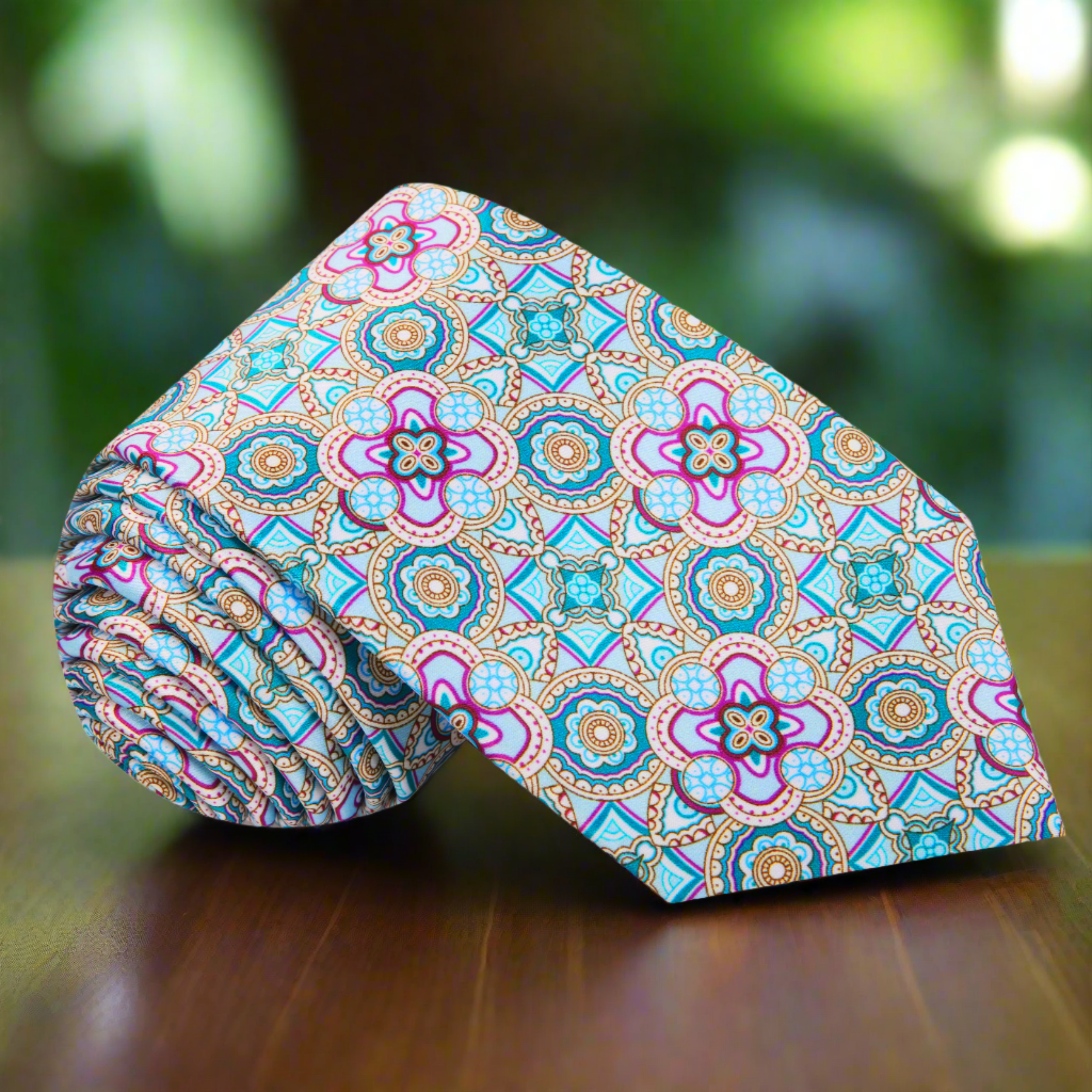 Front view of the Tapestry Geometric Pastel Necktie on a model, perfect for spring weddings