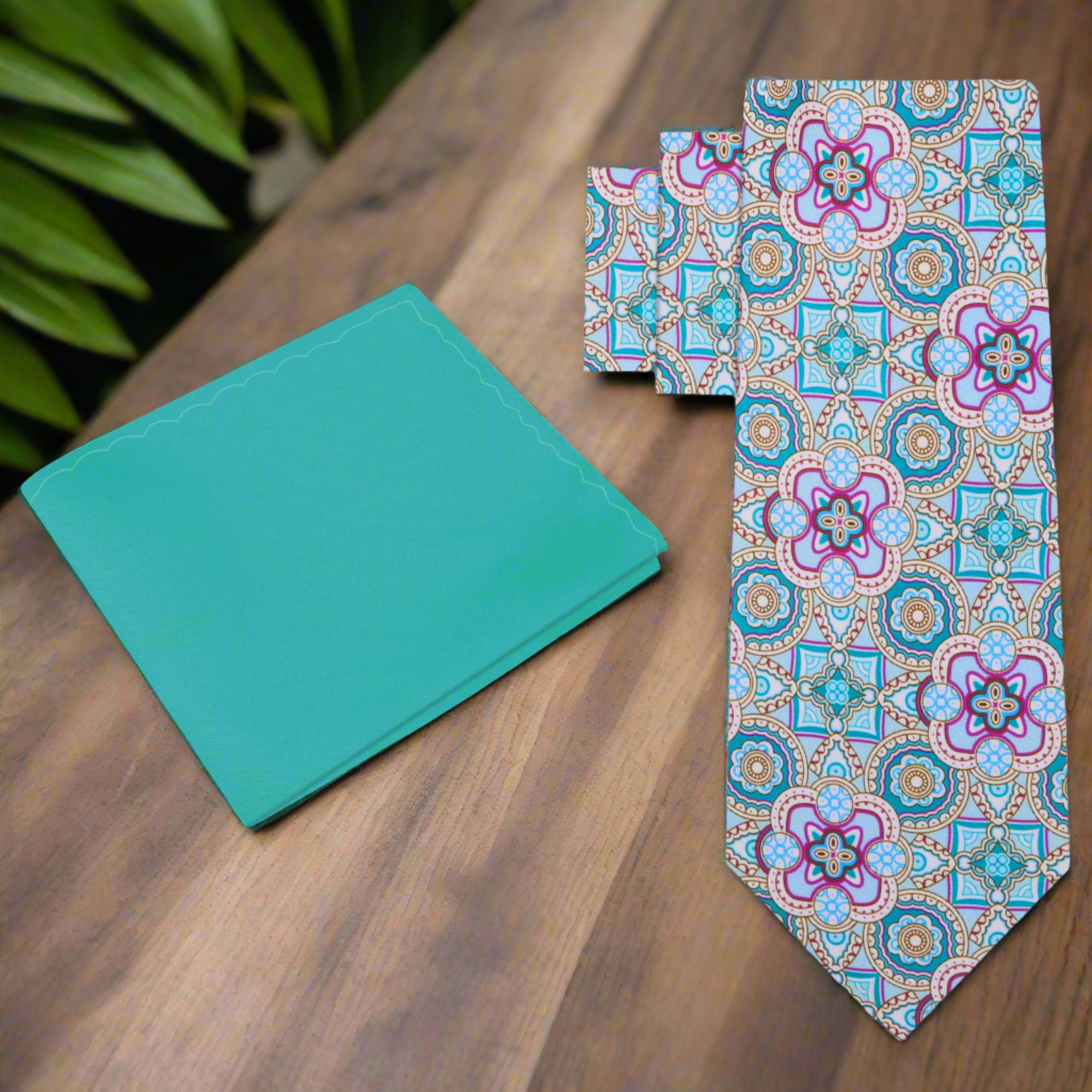 Front view of the Tapestry Geometric Pastel Necktie on a model, perfect for spring weddings