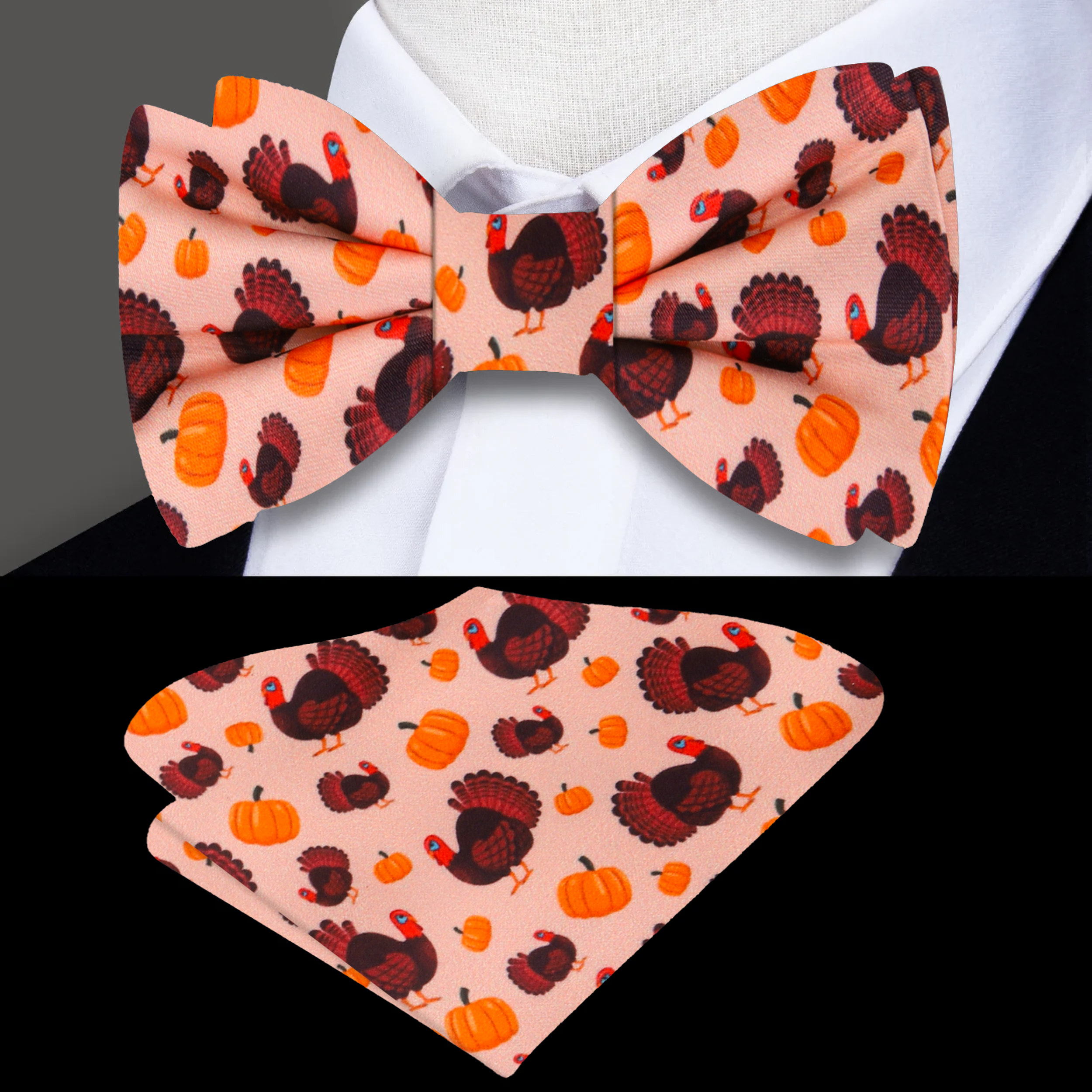 Close-up of silk fabric texture showing detailed turkey and pumpkin pattern on the bow tie.