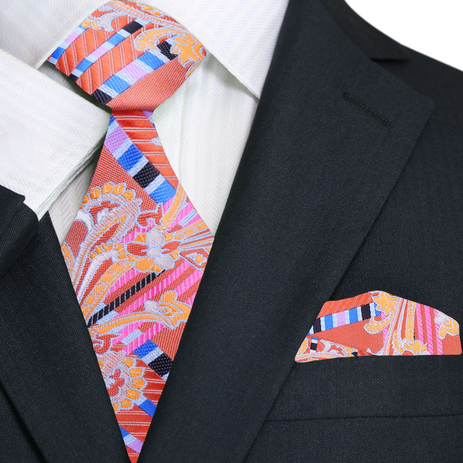 Close-up of vibrant paisley silk tie with stripe pattern for formal wear