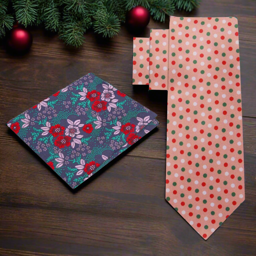 Close-up of a vibrant Christmas polka dot tie in red, green, and orange peach colors