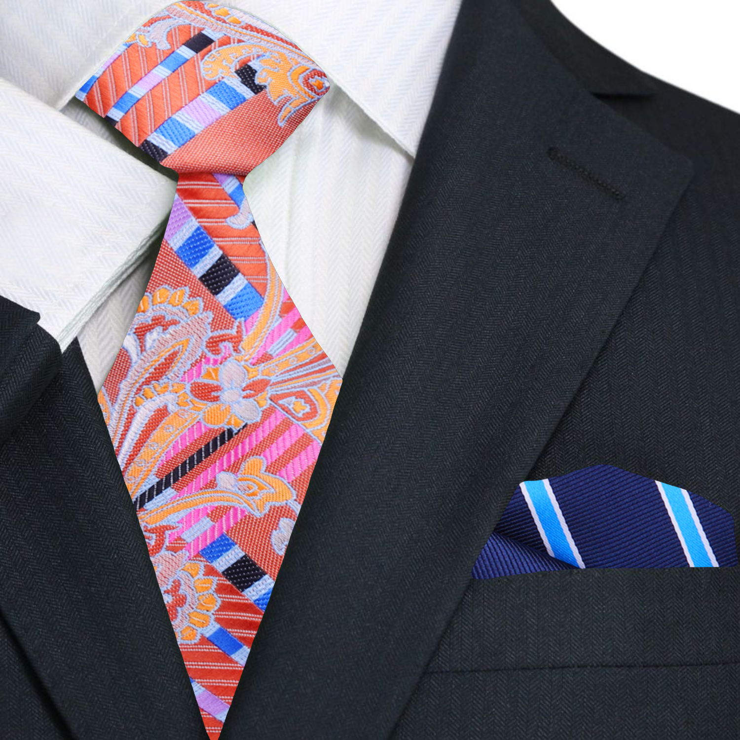 Man wearing silk necktie and pocket square set at wedding