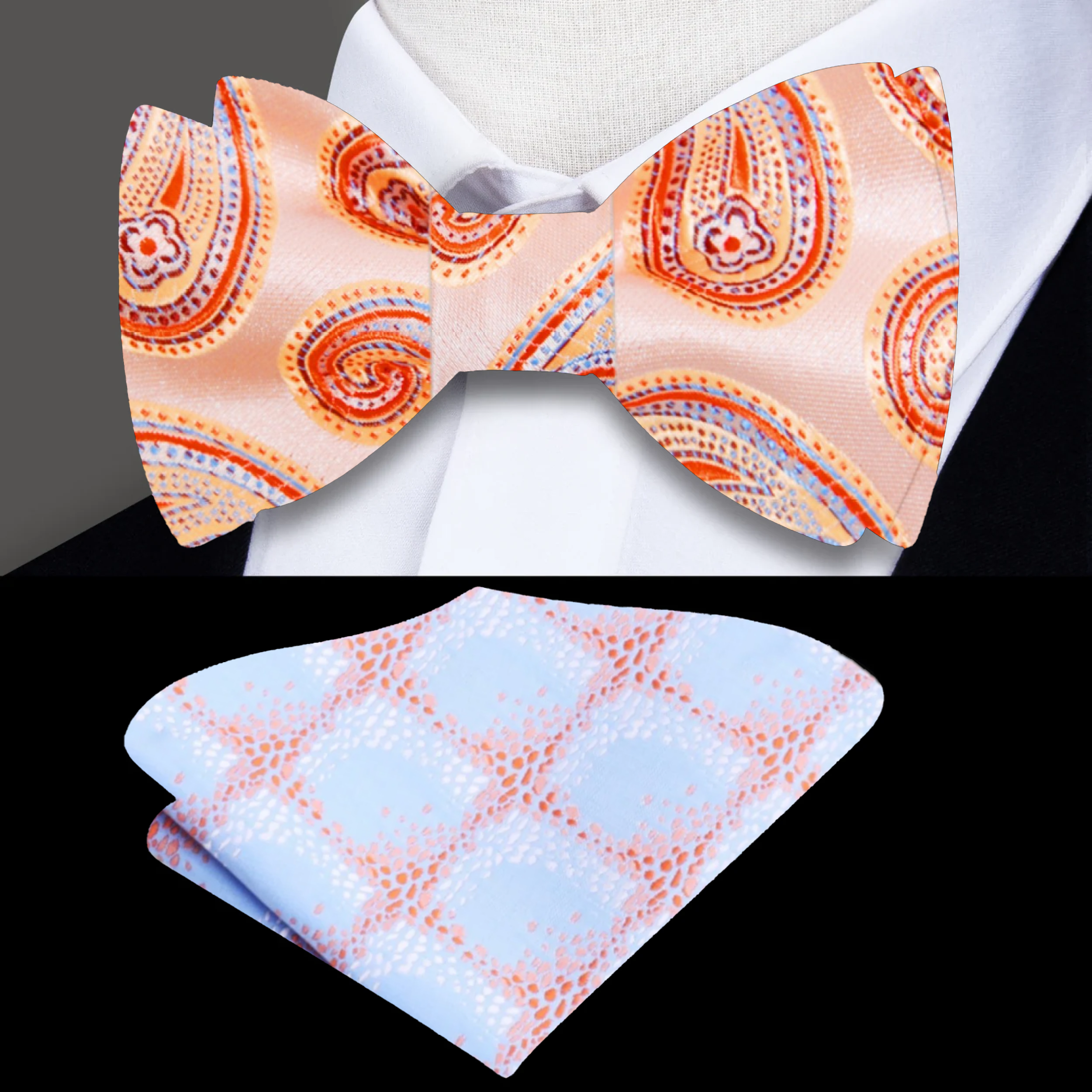 Front view of vibrant apricot paisley self-tie bow tie on a mannequin for formal events