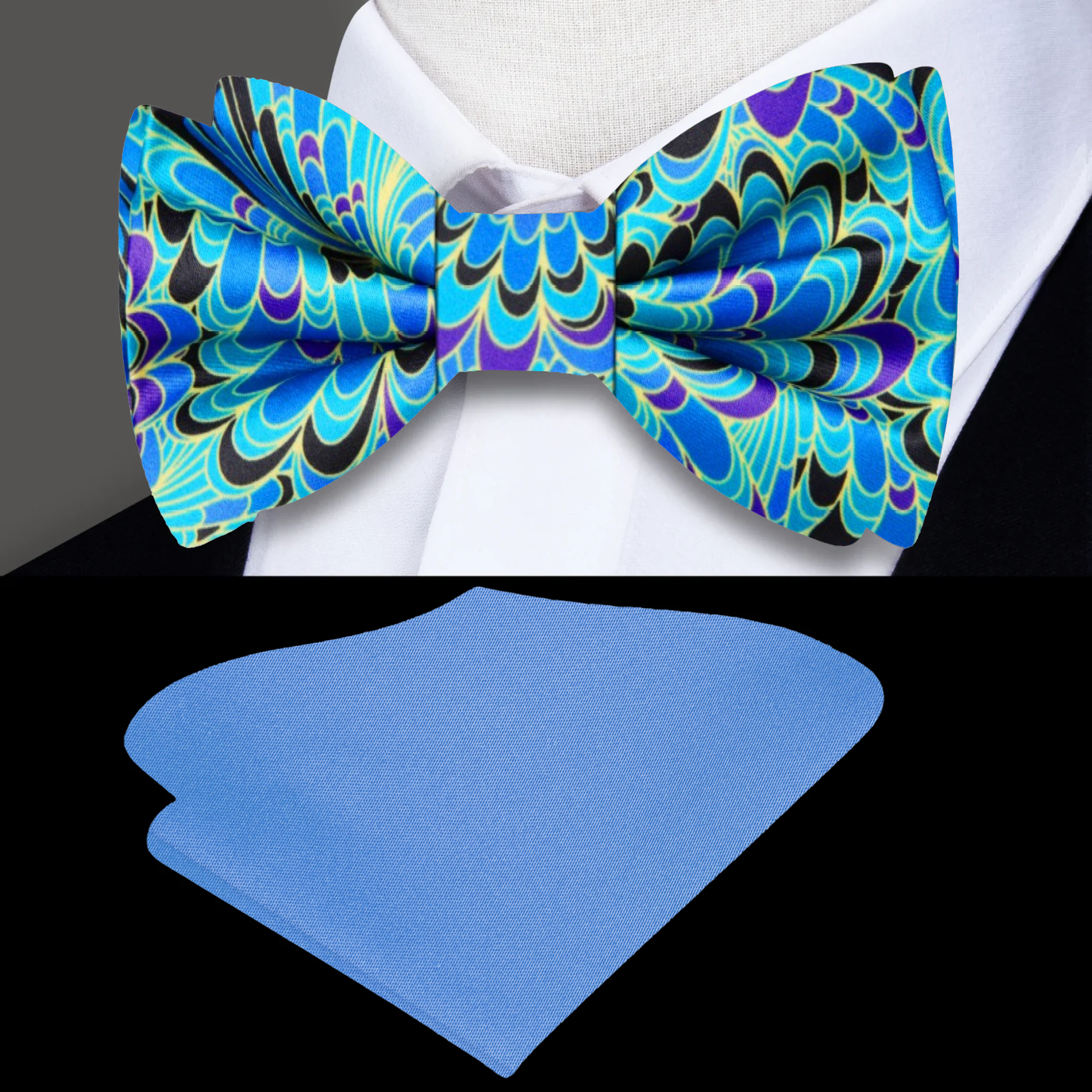 Flat lay of the bow tie and matching pocket square, showcasing silk texture and elegant design