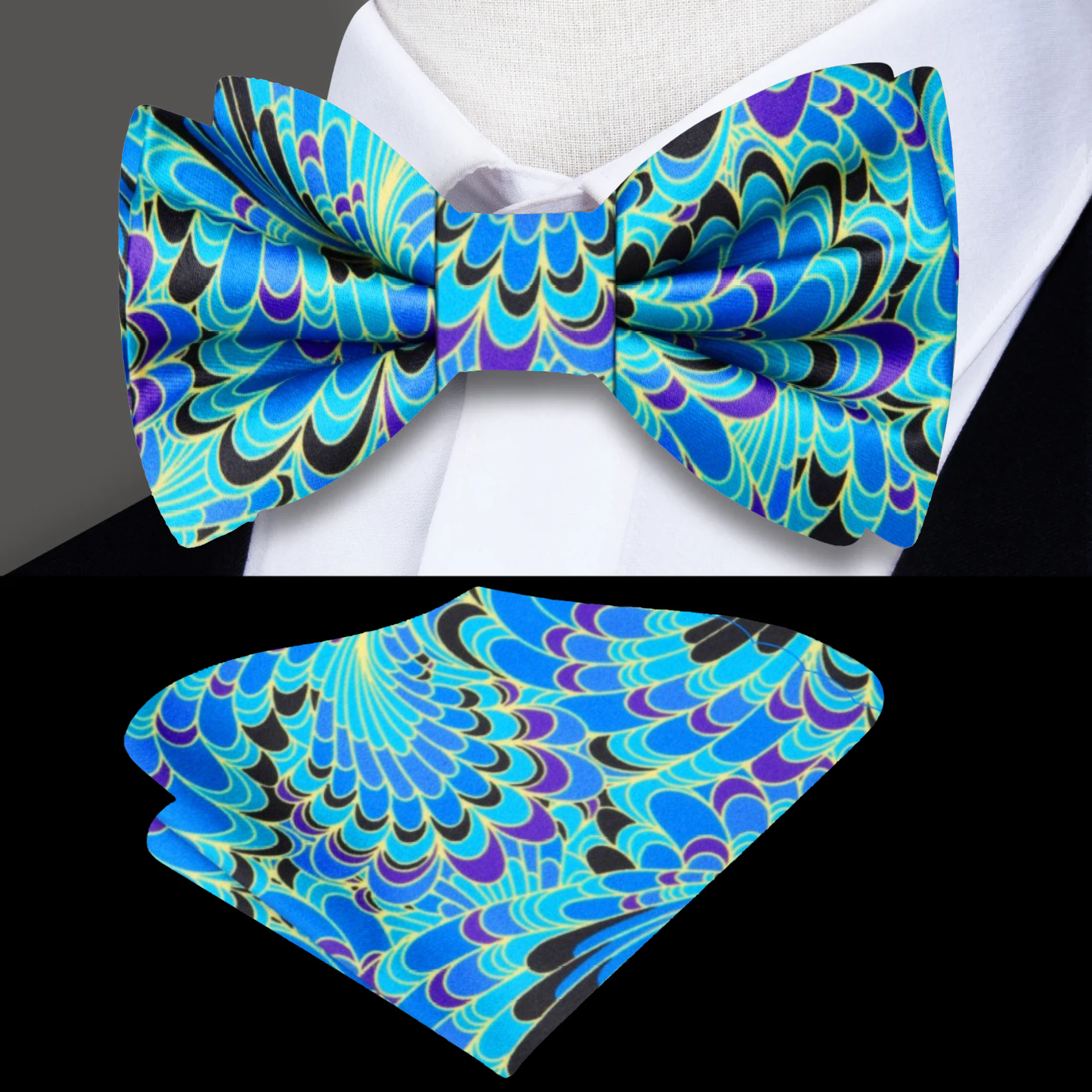 Close-up of the Lintonbury silk bow tie showing detailed peacock feather pattern in vibrant colors