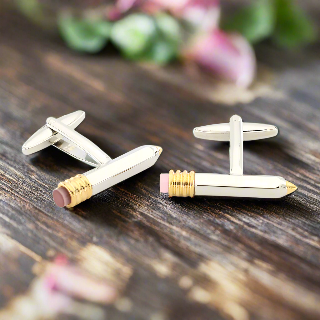 Fountain Pen Cufflinks displayed on a tailored shirt cuff for a formal look.