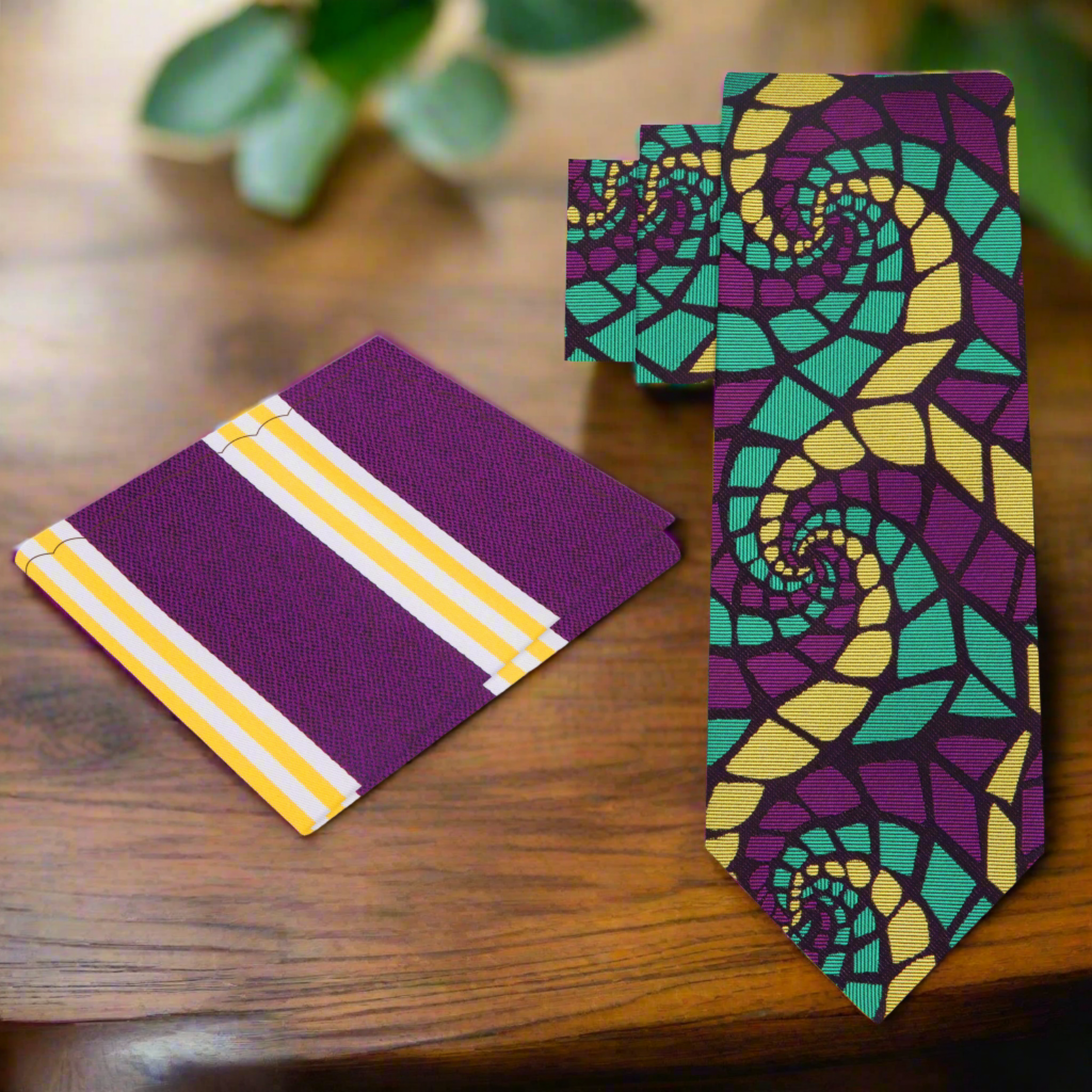 Gold silk tie with matching pocket square displayed in gift box for gifting or formal occasion