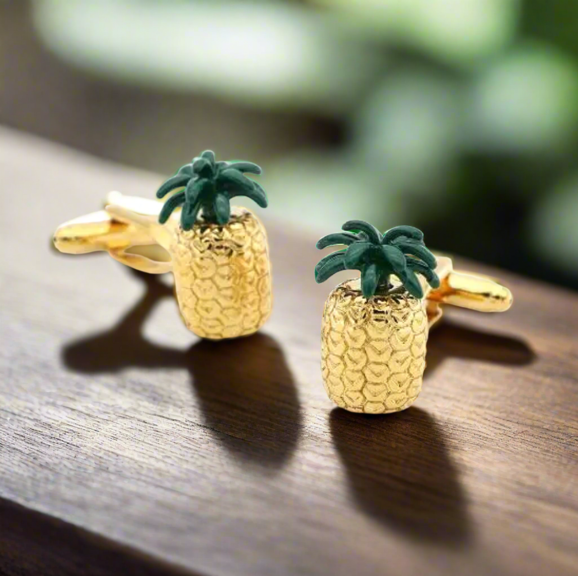 Gold Pineapple Cufflinks displayed on a formal shirt cuff.
