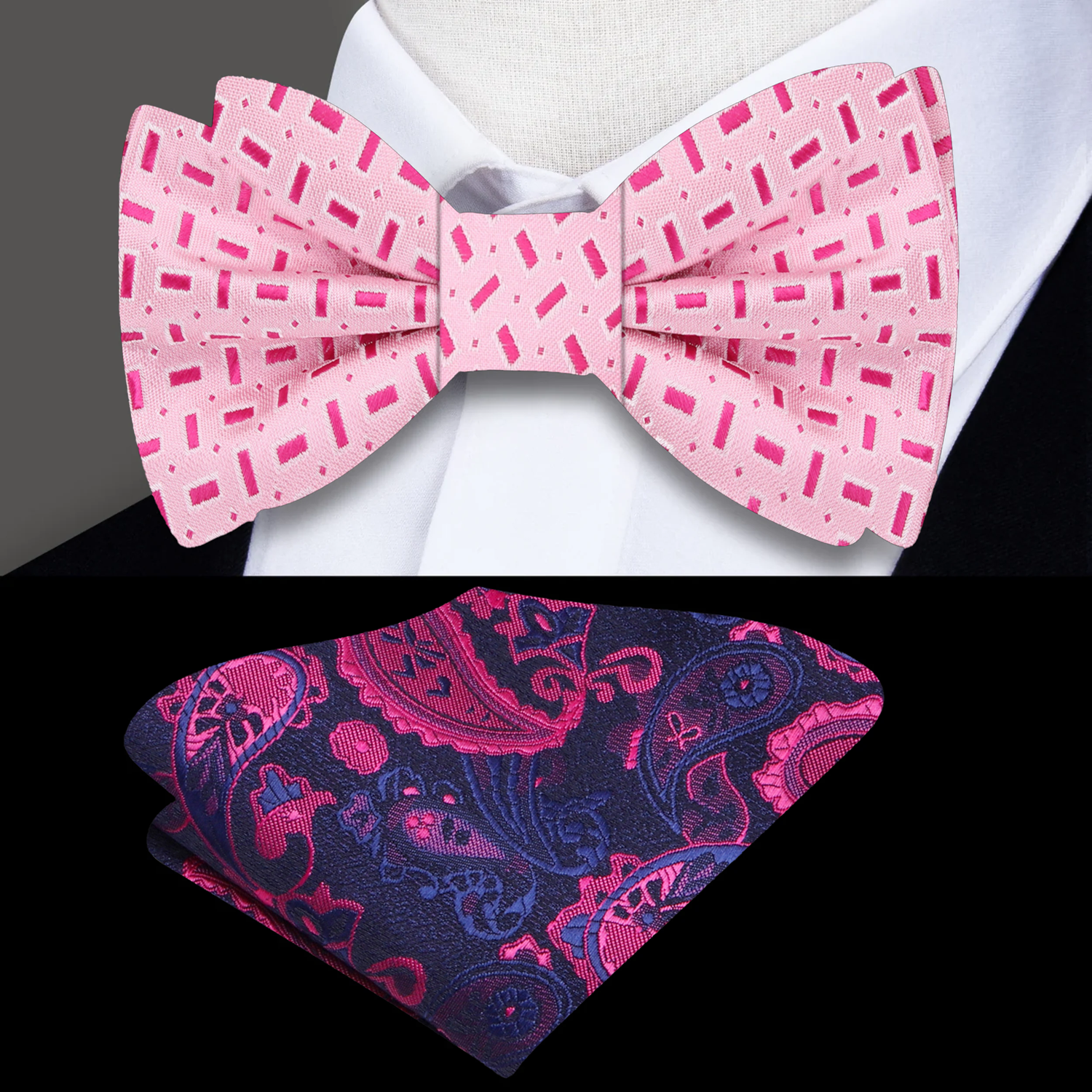 Elegant display of the pink silk bow tie paired with a white dress shirt, demonstrating its versatility.