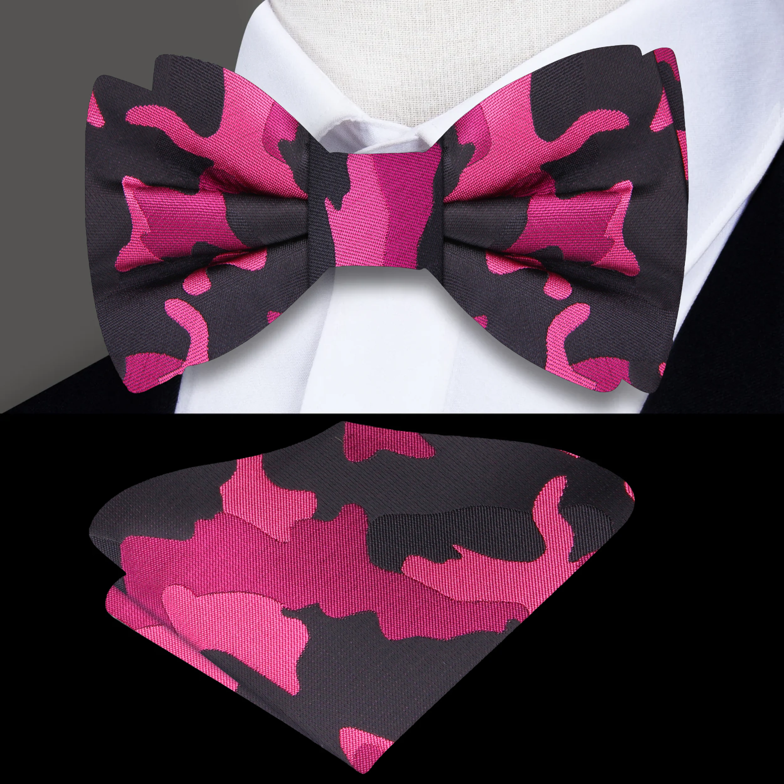 Casual outfit featuring camouflage bow tie paired with a dark blazer