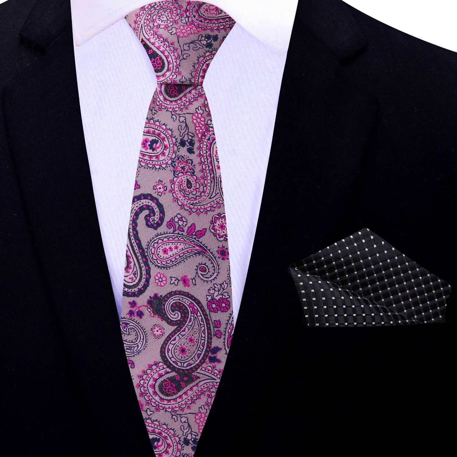 Close-up of the paisley pattern on the necktie, showcasing the intricate details and silk texture.