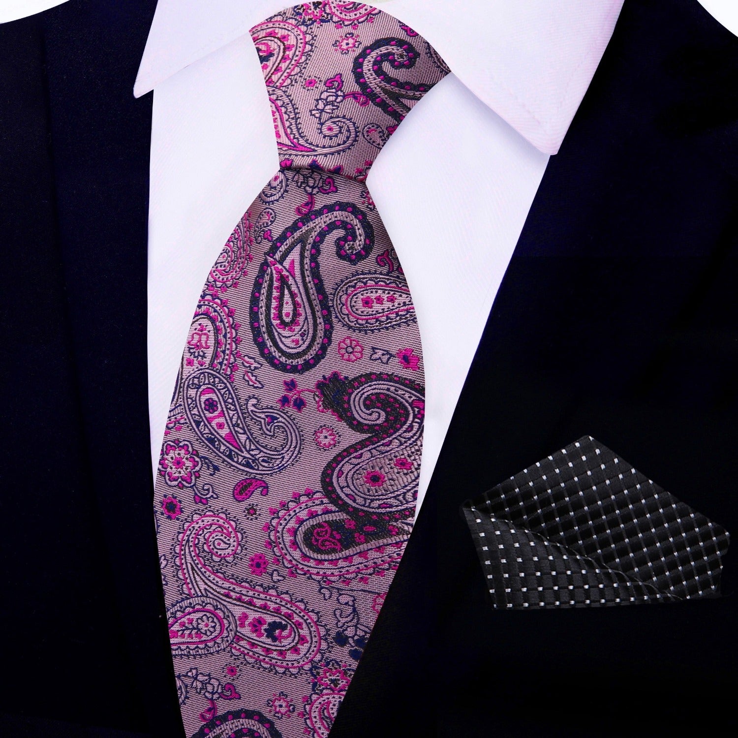 Elegant Pink and Black Paisley Necktie worn with a charcoal grey suit, demonstrating a stylish business look.