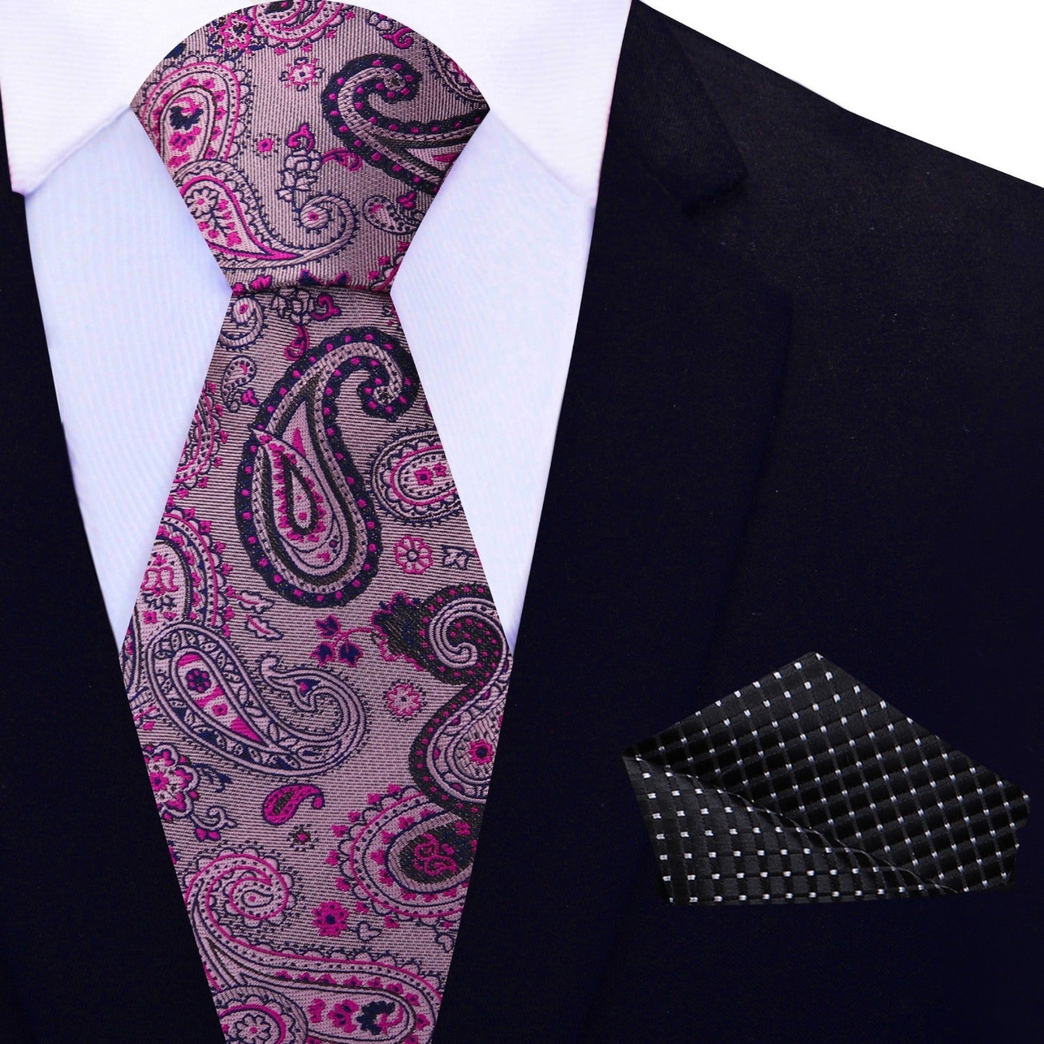 Elegant Pink and Black Paisley Necktie displayed on a white dress shirt, highlighting the vibrant design.