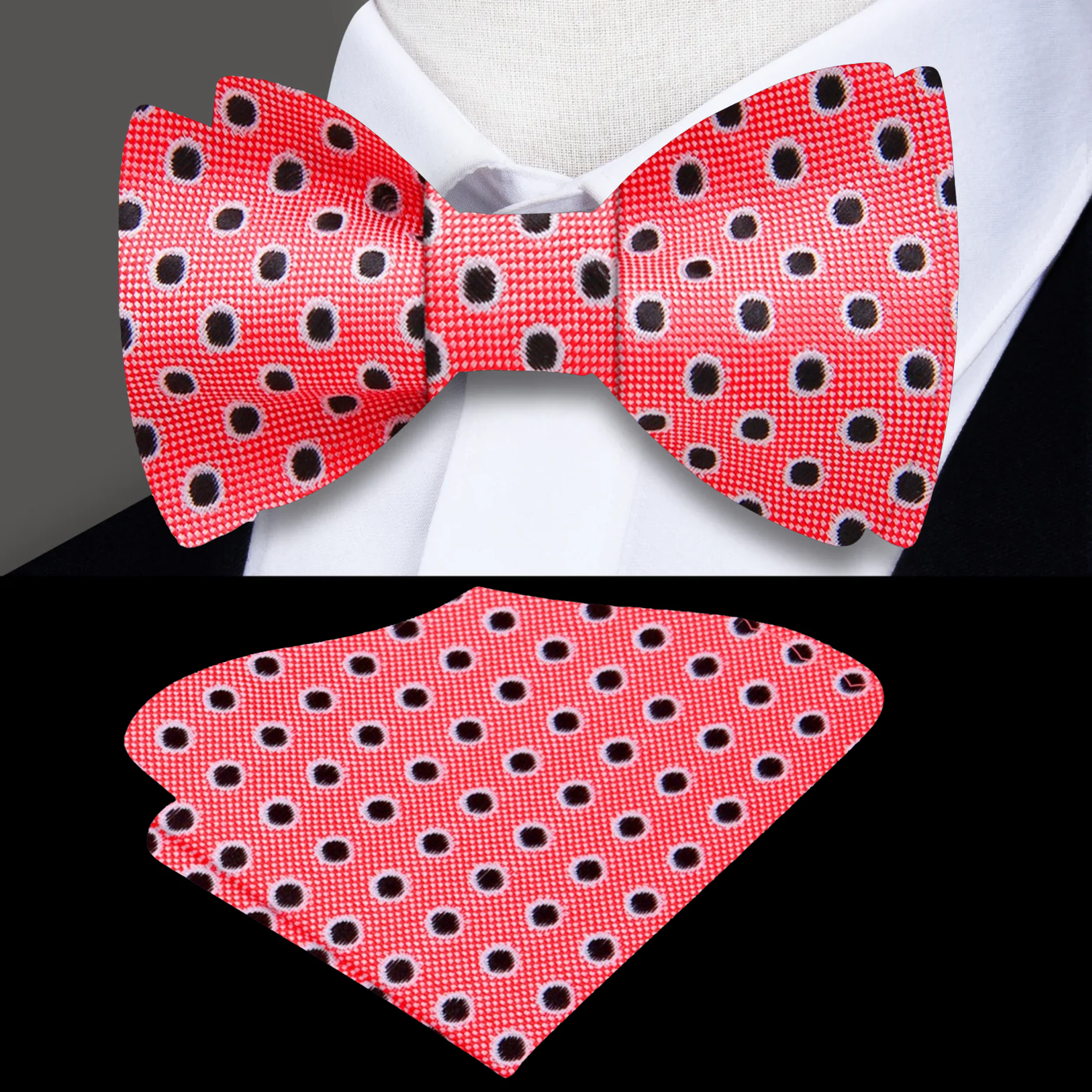 Close-up of peachy salmon silk bow tie with black polka dots, perfect for weddings