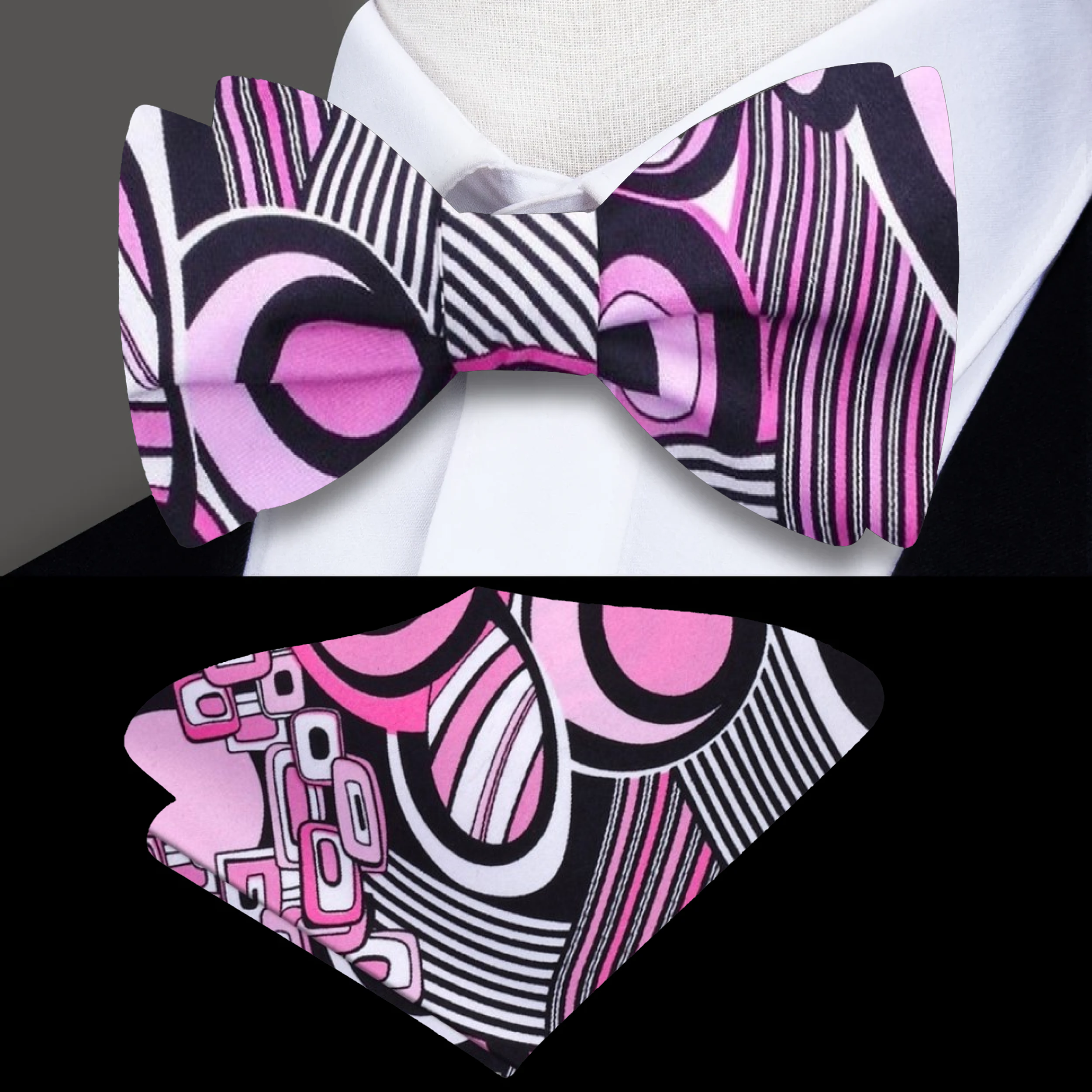 Close-up of abstract silk bow tie featuring pink, black, and white shades, perfect for formal and artistic occasions