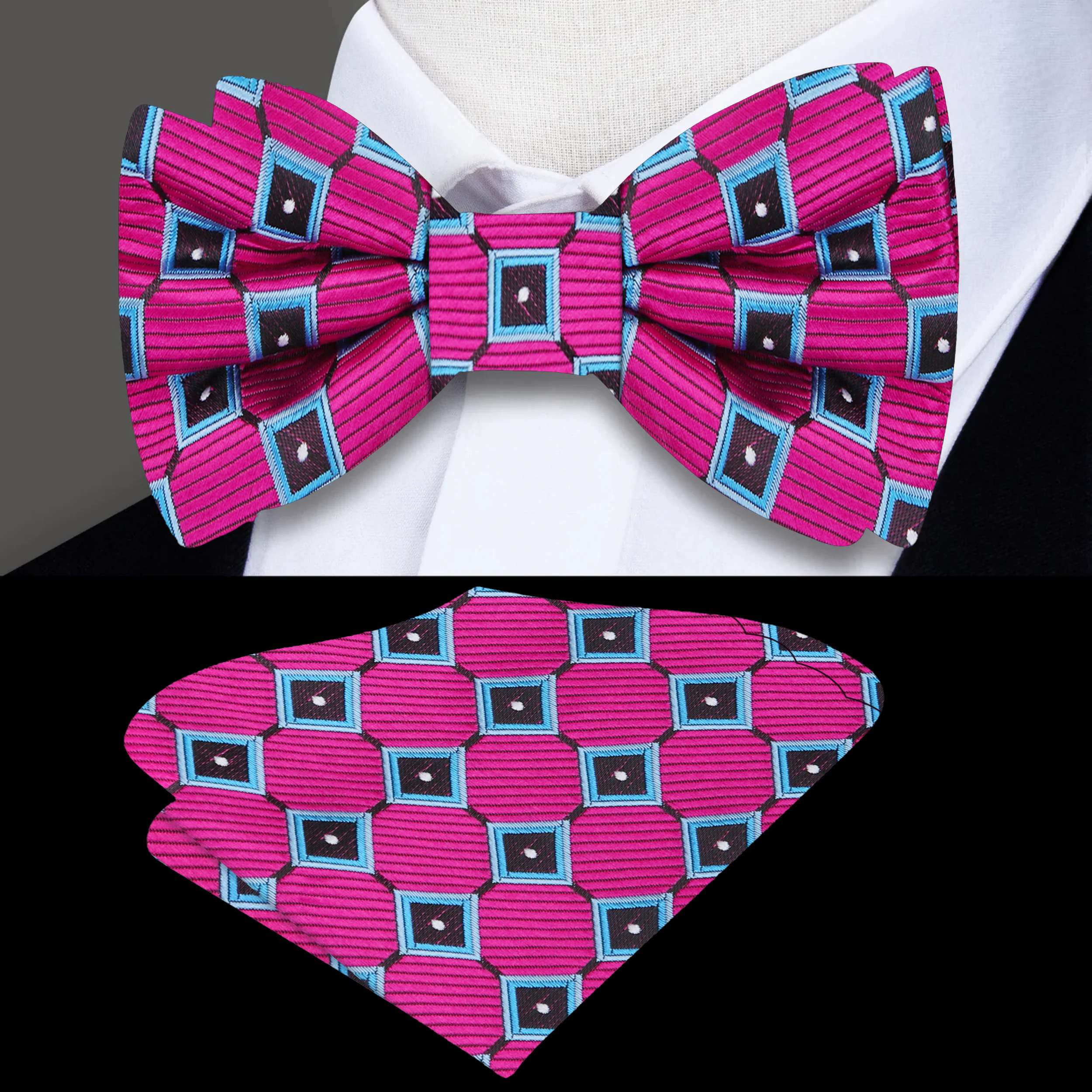 Front view of a vibrant geometric silk bow tie on a model