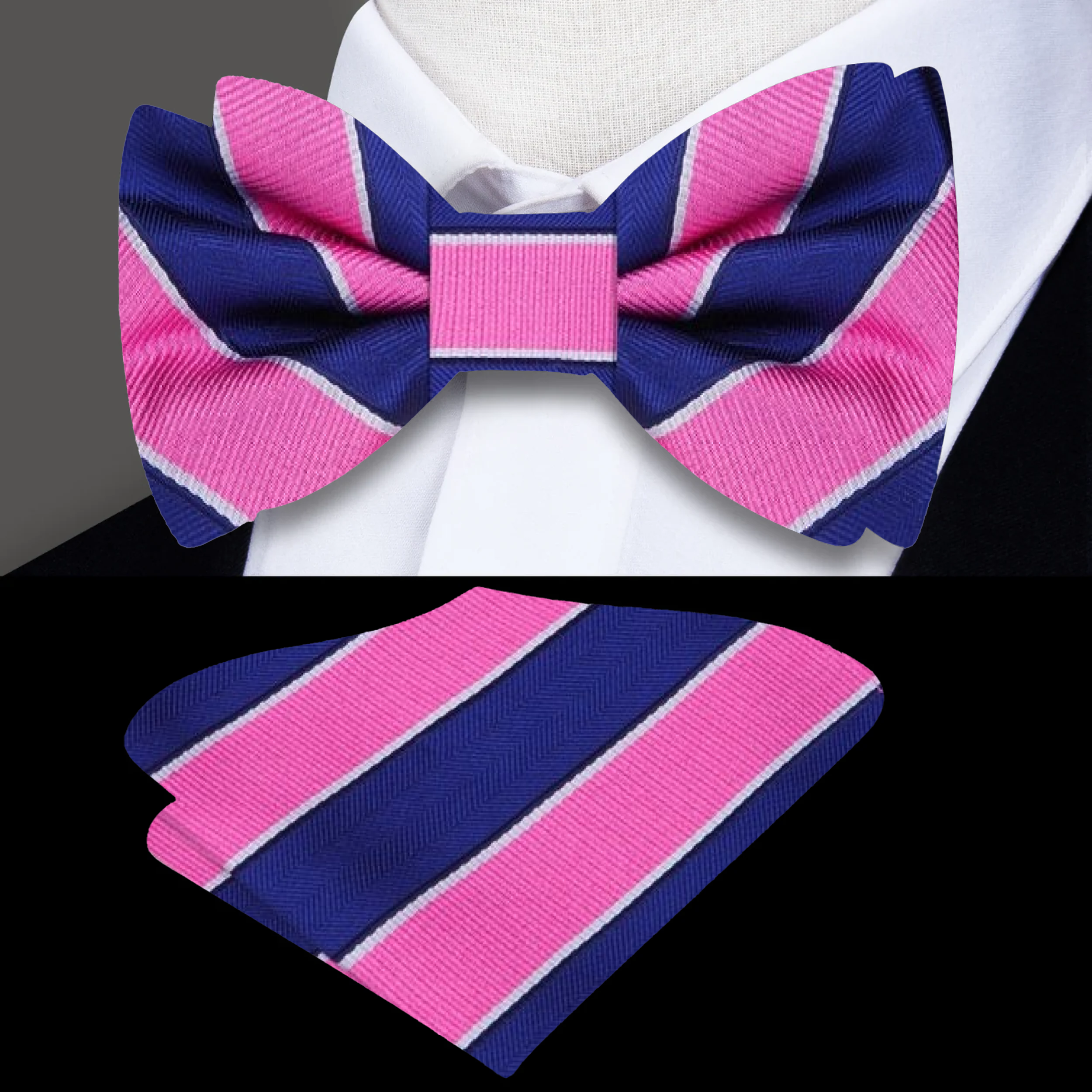 A stylish man wearing the blue and red striped bow tie at a wedding reception, exemplifying elegance.