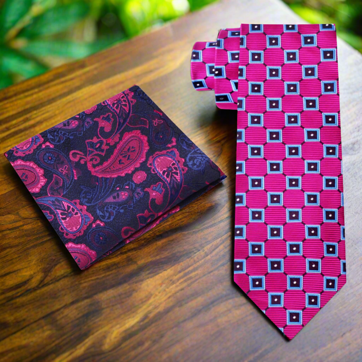 Close-up of a high-quality mens silk tie with a modern geometric diamond pattern, perfect for weddings and business events
