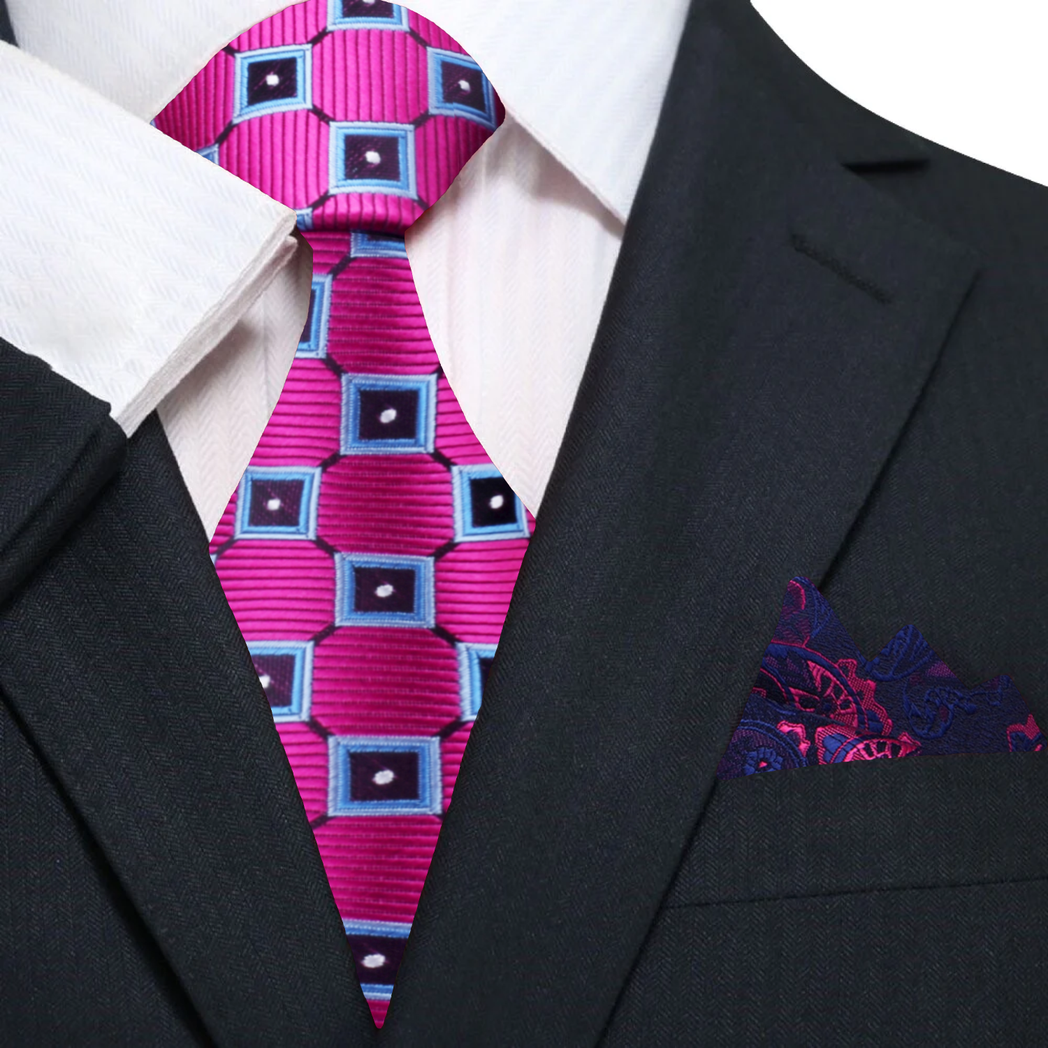 Mens necktie featuring a stylish geometric pattern in pink and black for formal wear