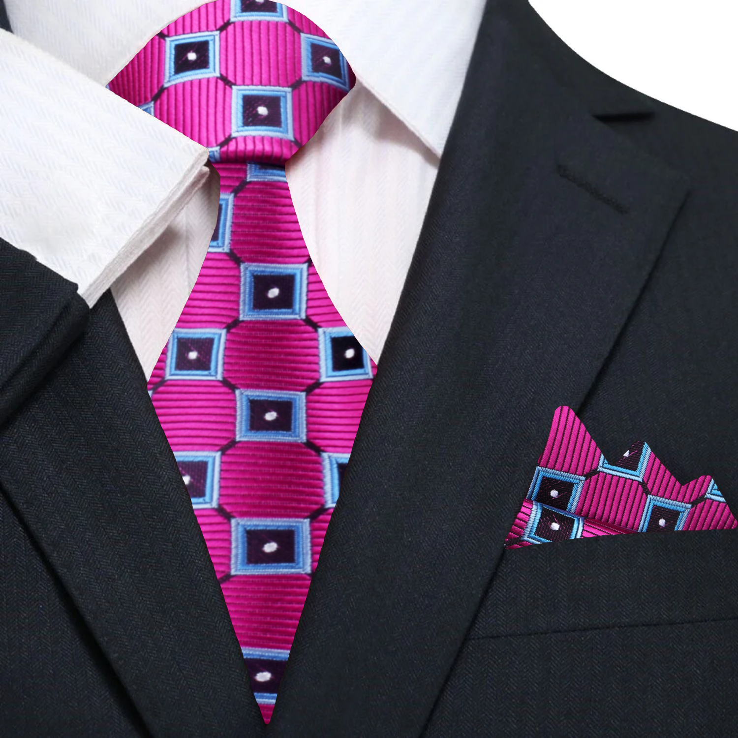 Elegant pink silk geometric tie with navy blue accents, ideal for weddings and formal occasions