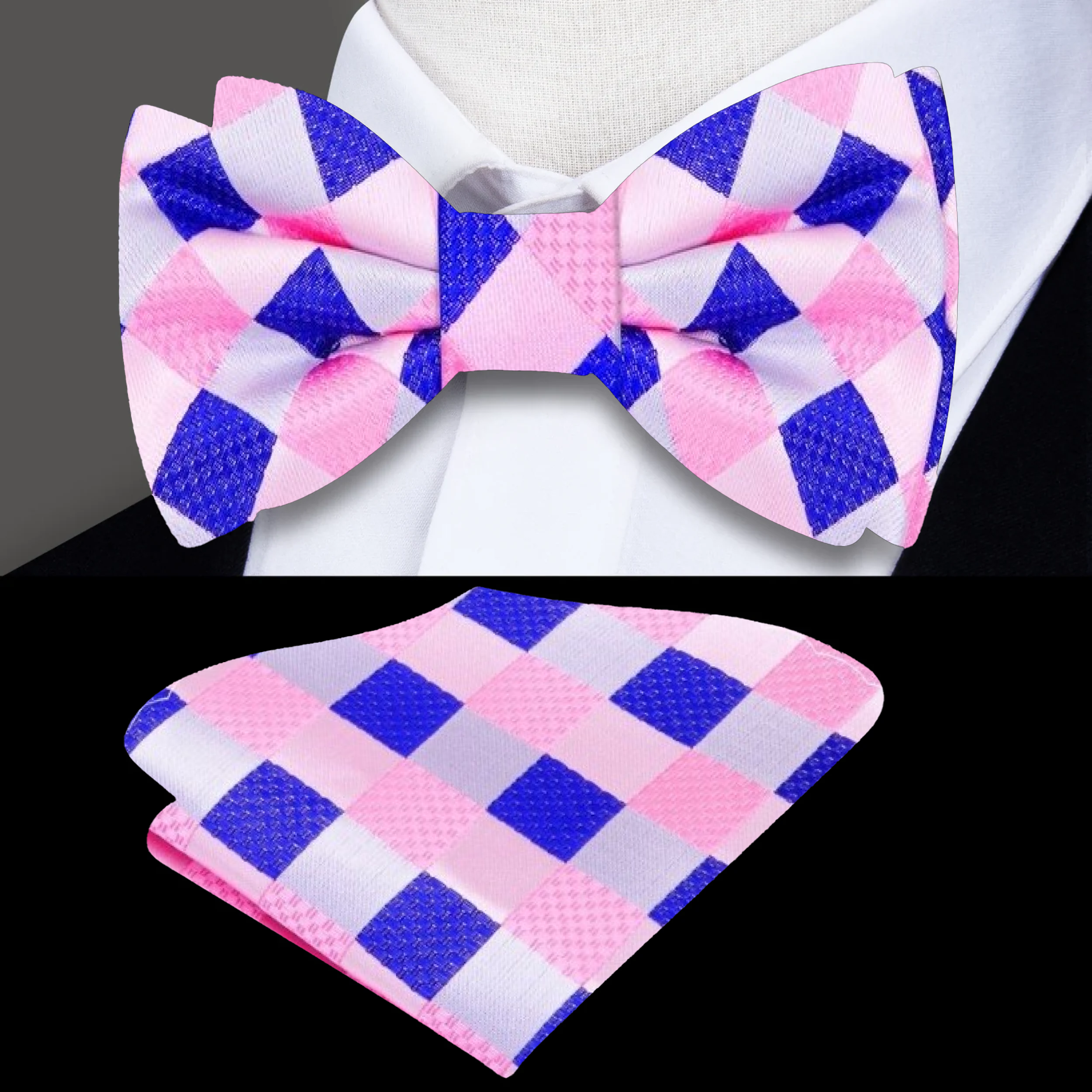 Yellow and blue plaid silk bow tie elegantly displayed on a white background.