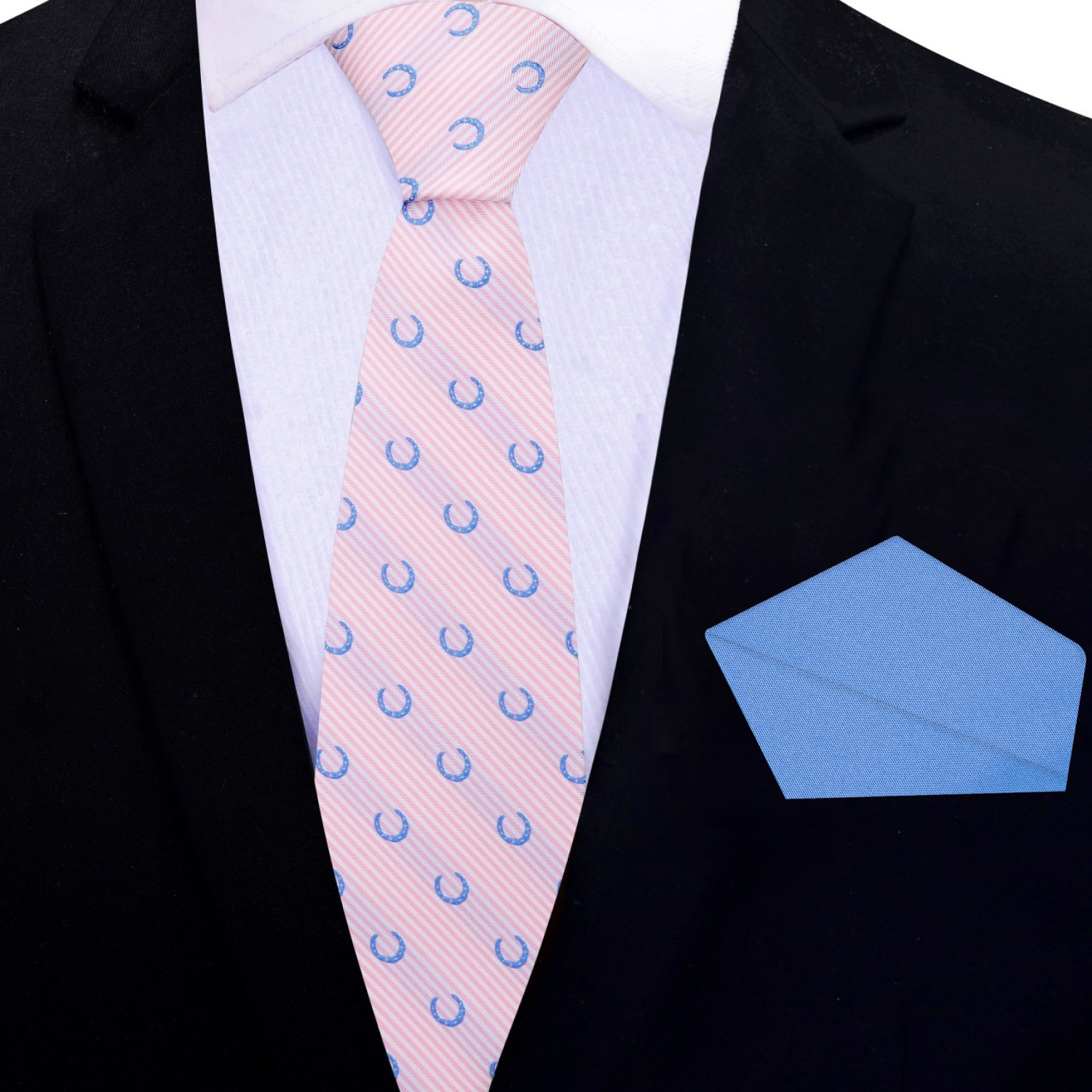 Fashionable mens silk tie with playful horseshoe motif paired with dress shirt