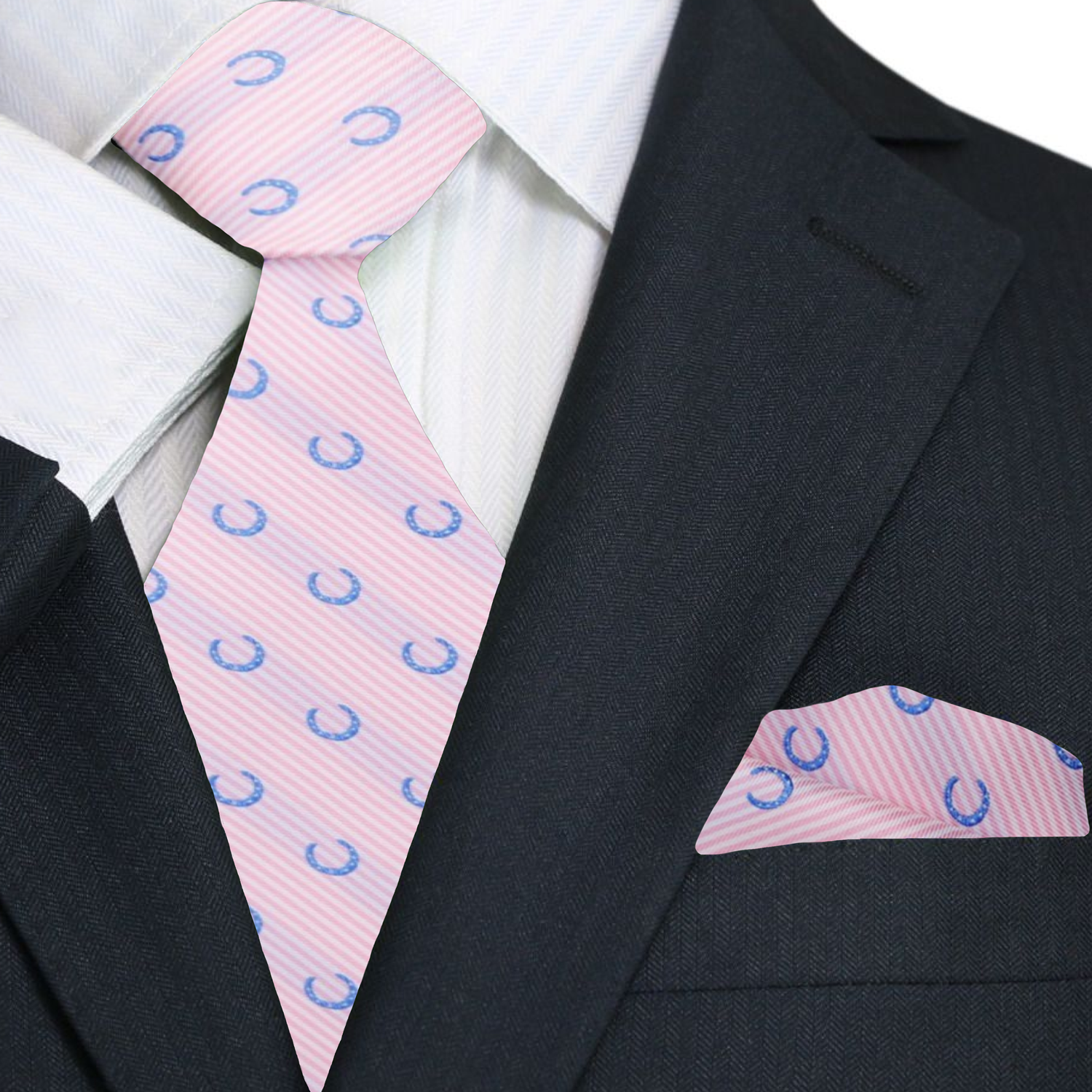 Close-up of whimsical horseshoe pattern silk tie in pink and blue, perfect for weddings