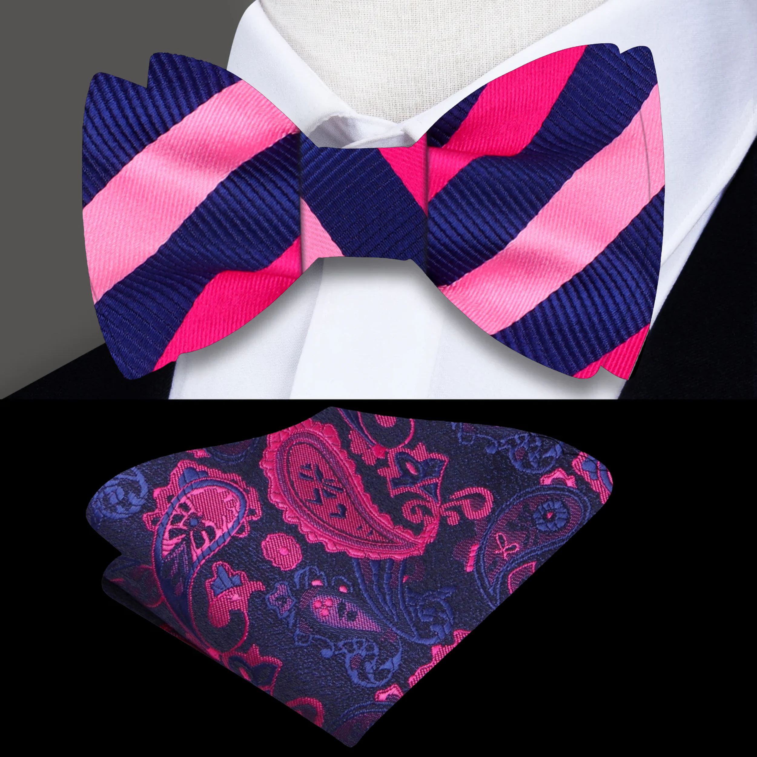 Close-up of blue and pink striped self-tie bow tie on mannequin for formal wear