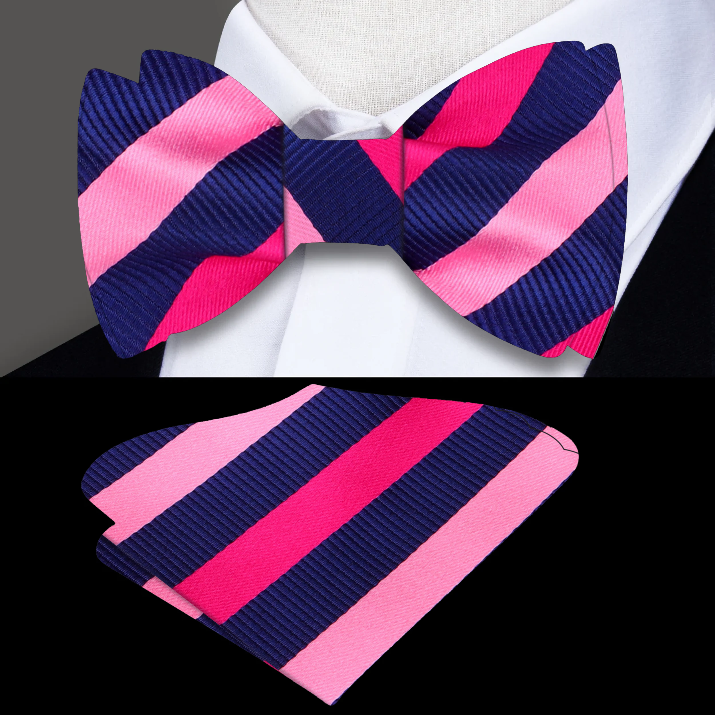 Model wearing the striped bow tie with a white dress shirt at a wedding