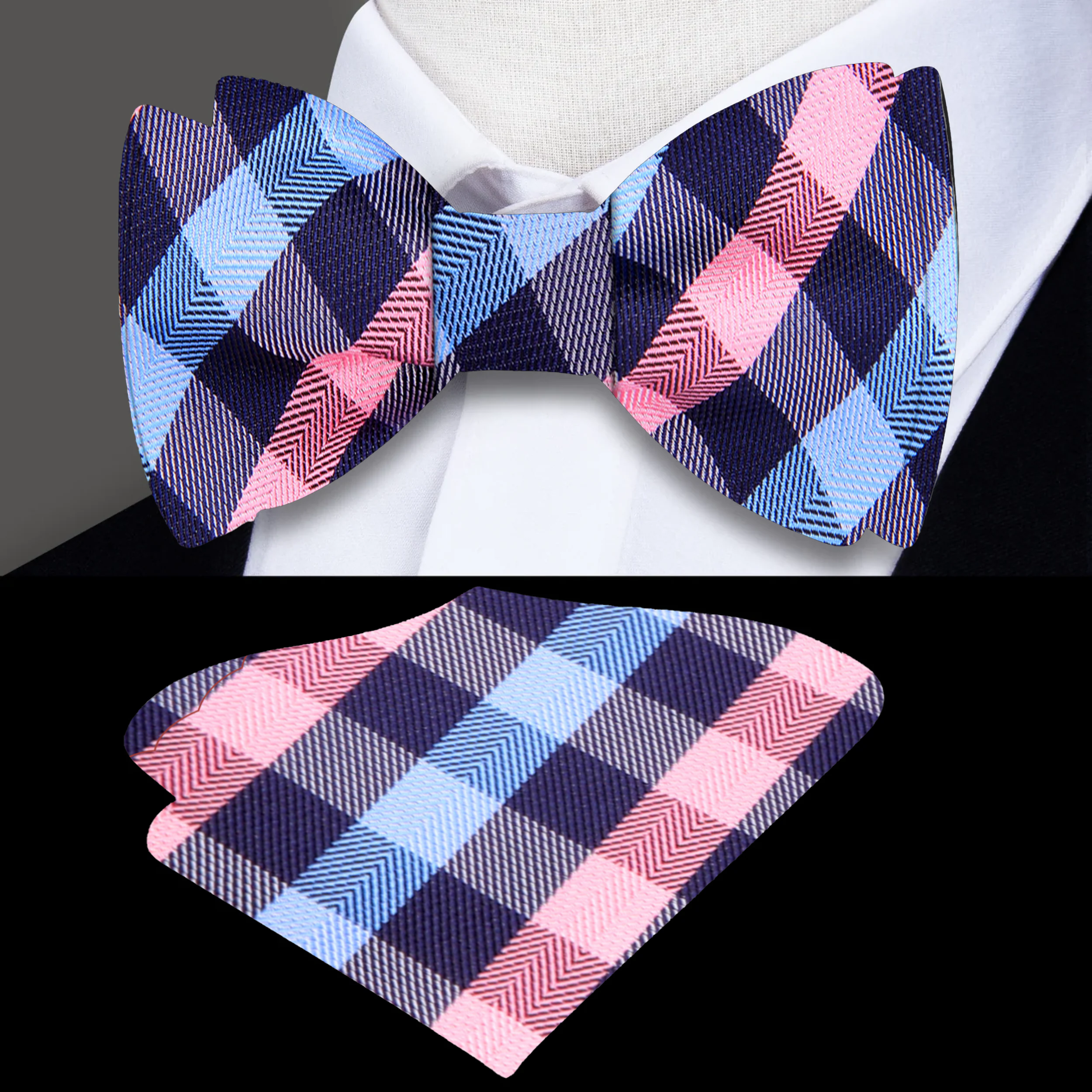 Close-up of the pink and blue check plaid silk bow tie showcasing its texture and pattern.