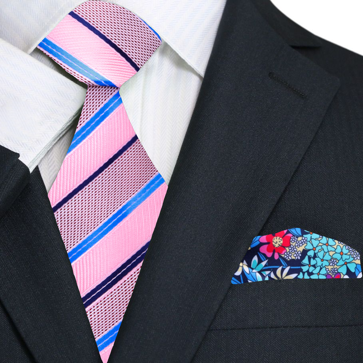 Silk necktie in pink with subtle blue stripes draped over a suit for a polished look