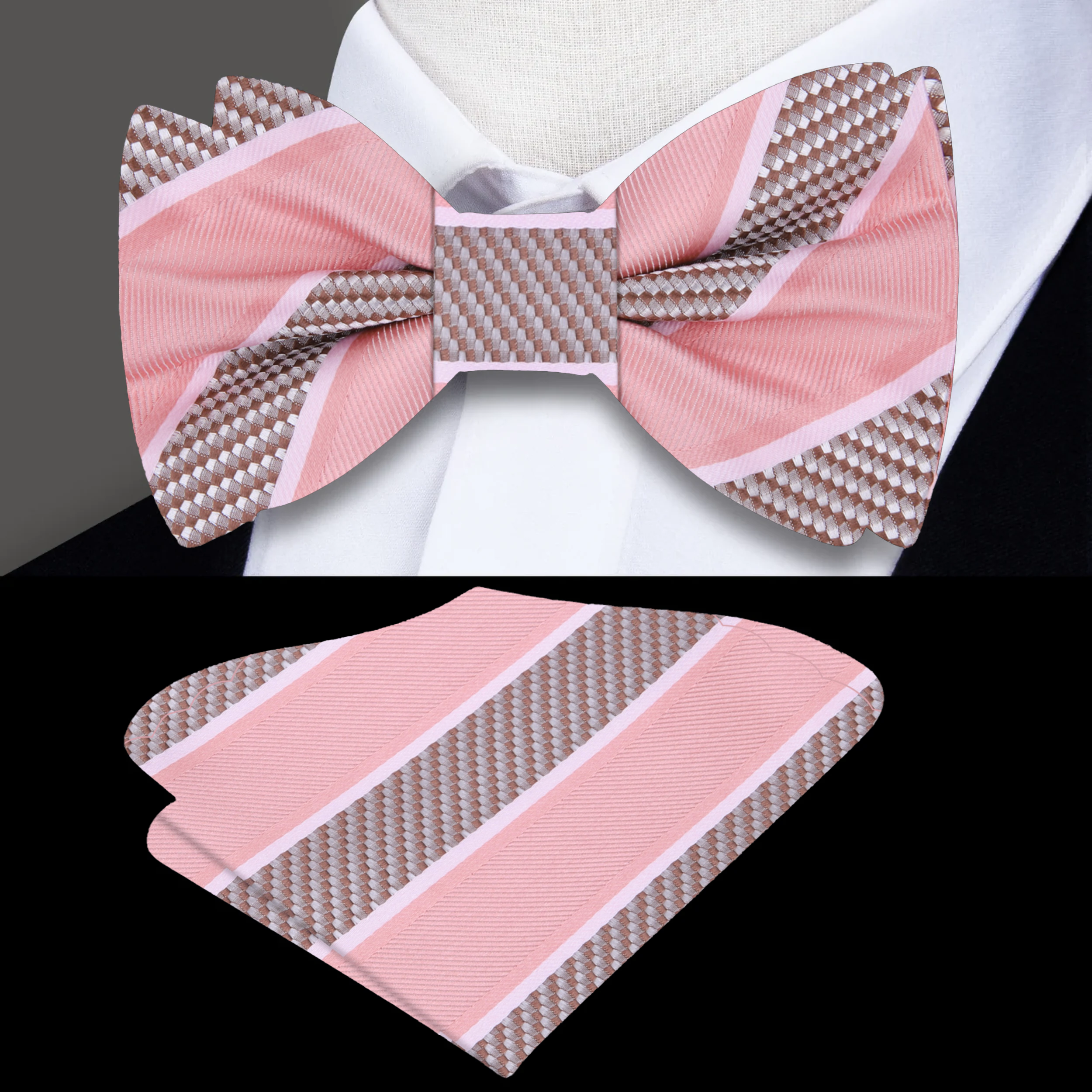 Front view of a stylish silk striped bow tie on a white background, highlighting its vibrant colors