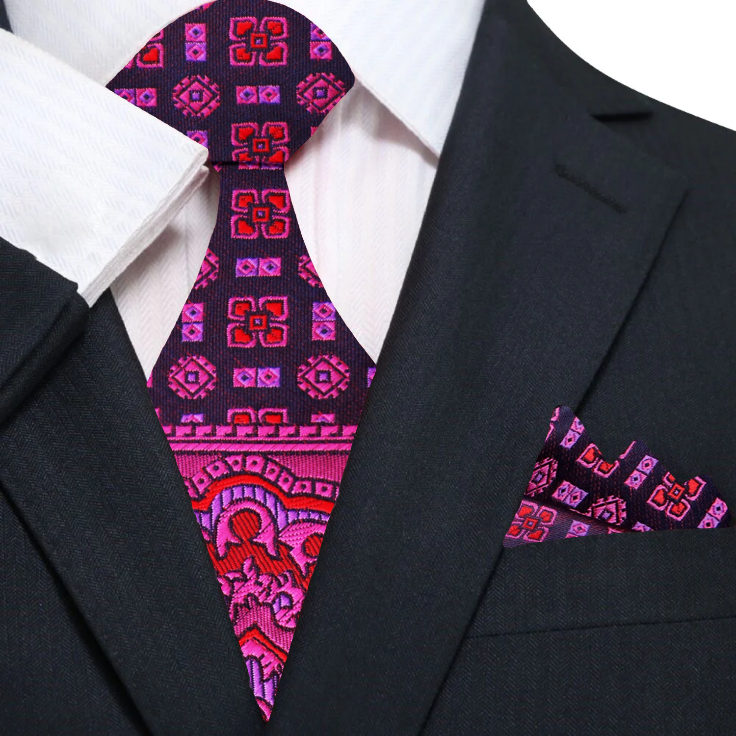 Close-up of the vibrant teal and orange silk necktie displaying its abstract pattern.