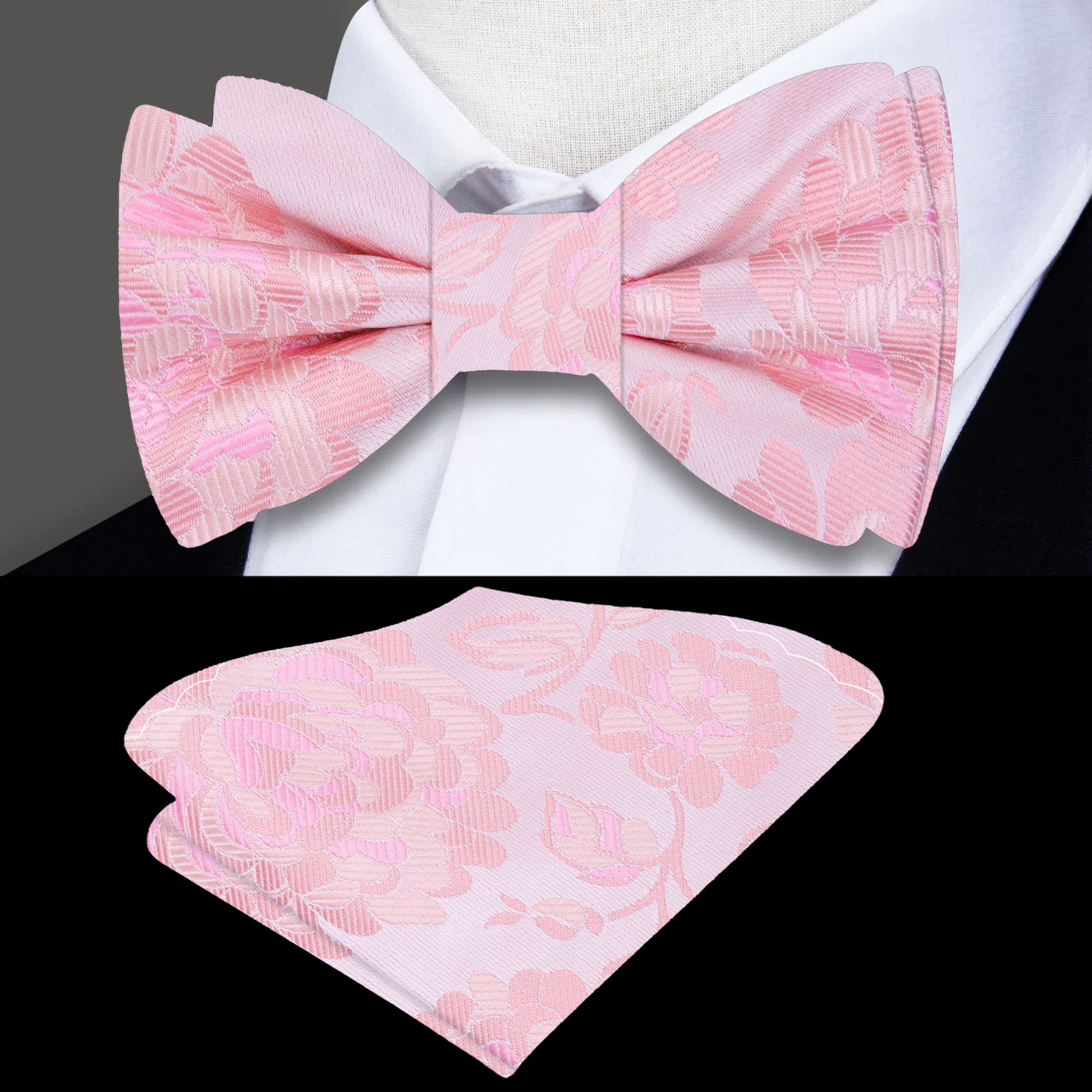 Elegant pink floral silk bow tie displayed against a soft background, showcasing its intricate pattern.