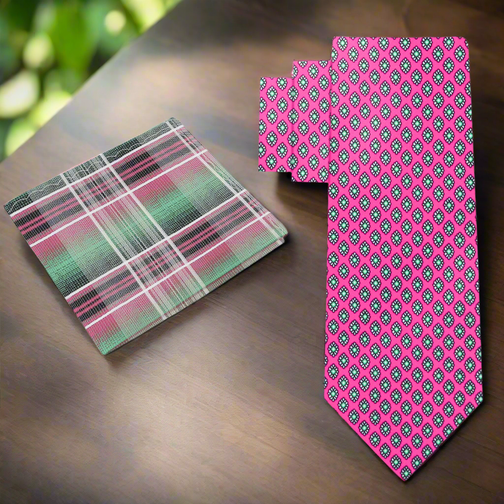 Close-up of watermelon pink silk tie with subtle medallion pattern