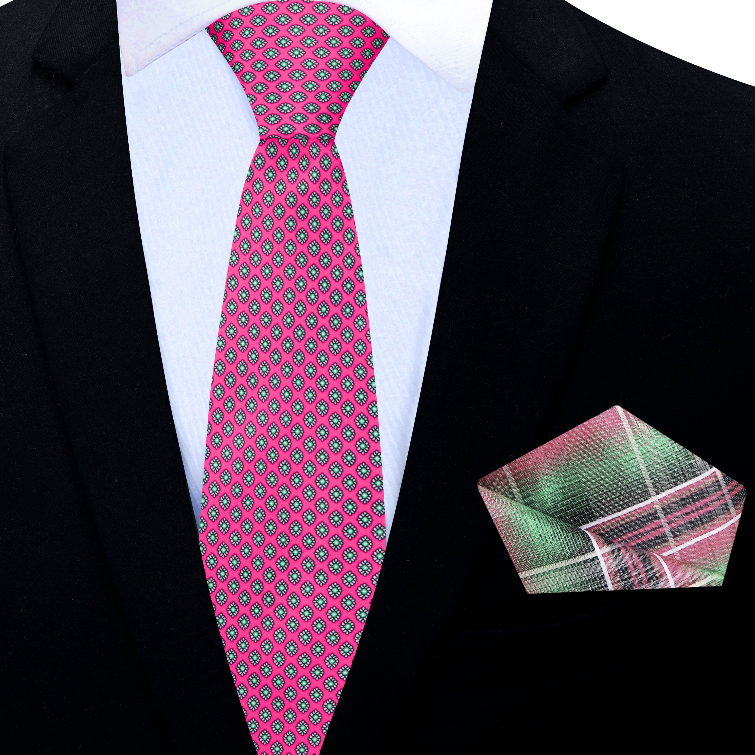 Flat-lay of tie and pocket square combo in watermelon pink for stylish summer events
