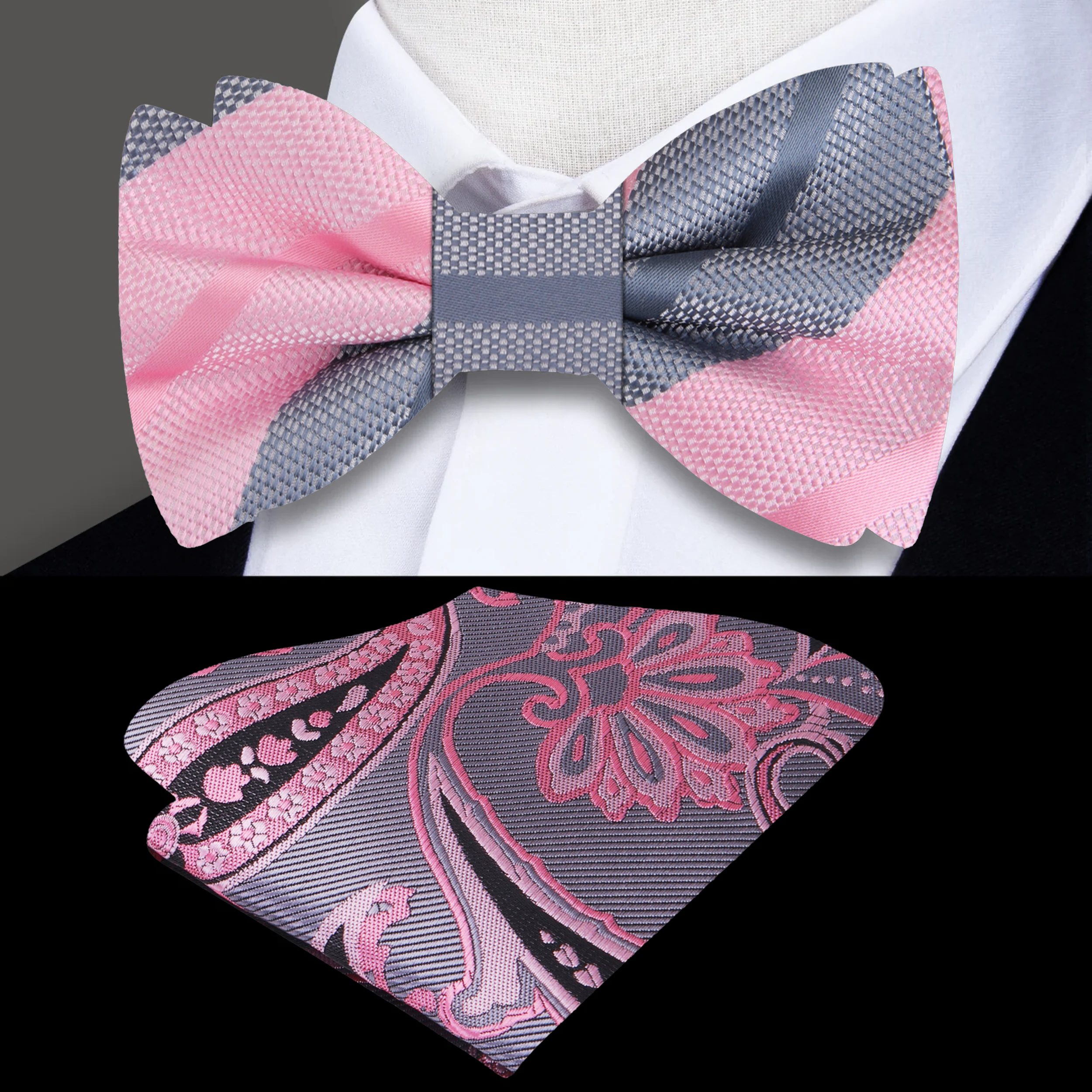 Elegant grey and pink striped silk bow tie styled with a white dress shirt for weddings