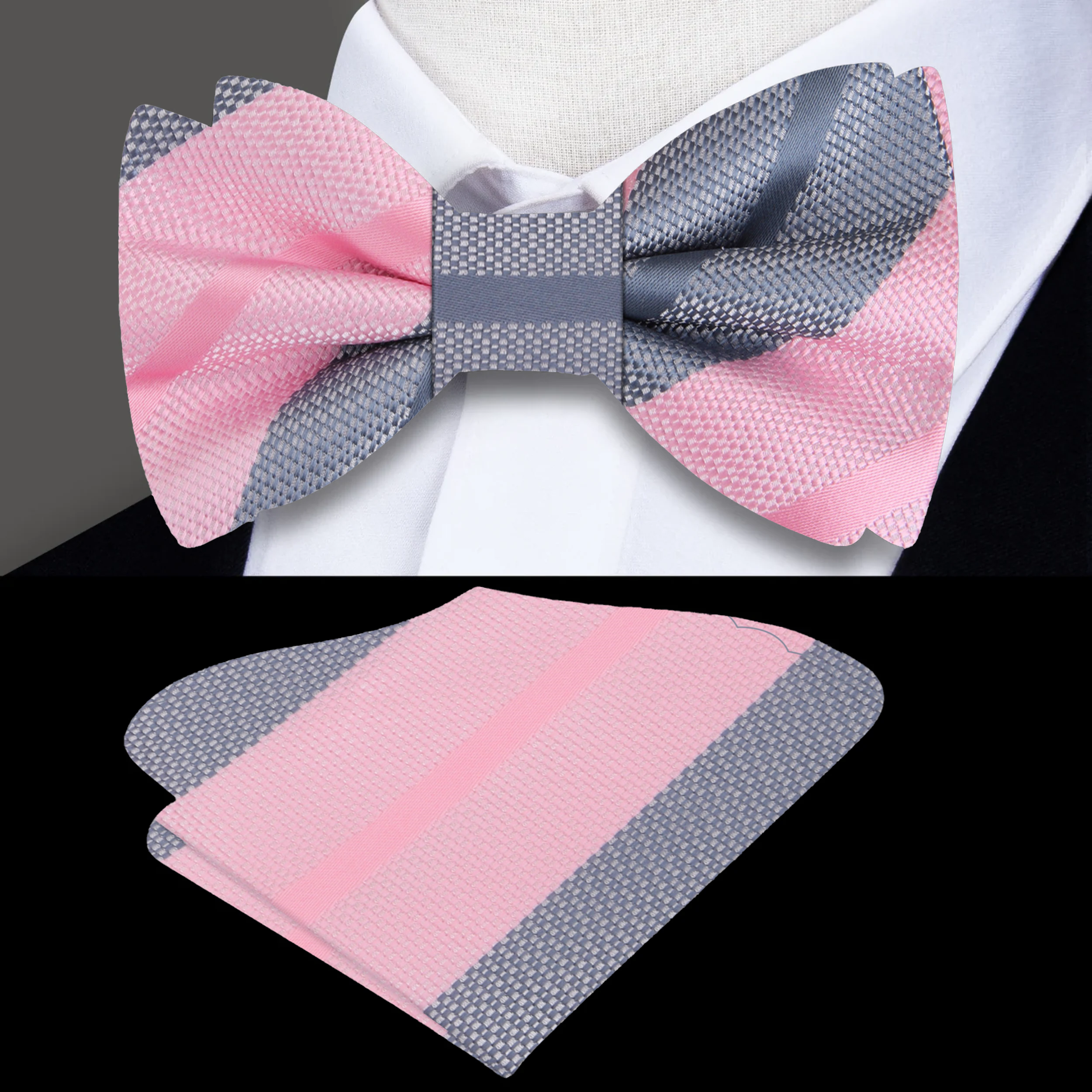 Close-up of the fabric pattern on the mens silk bow tie showing vibrant pink and grey stripes
