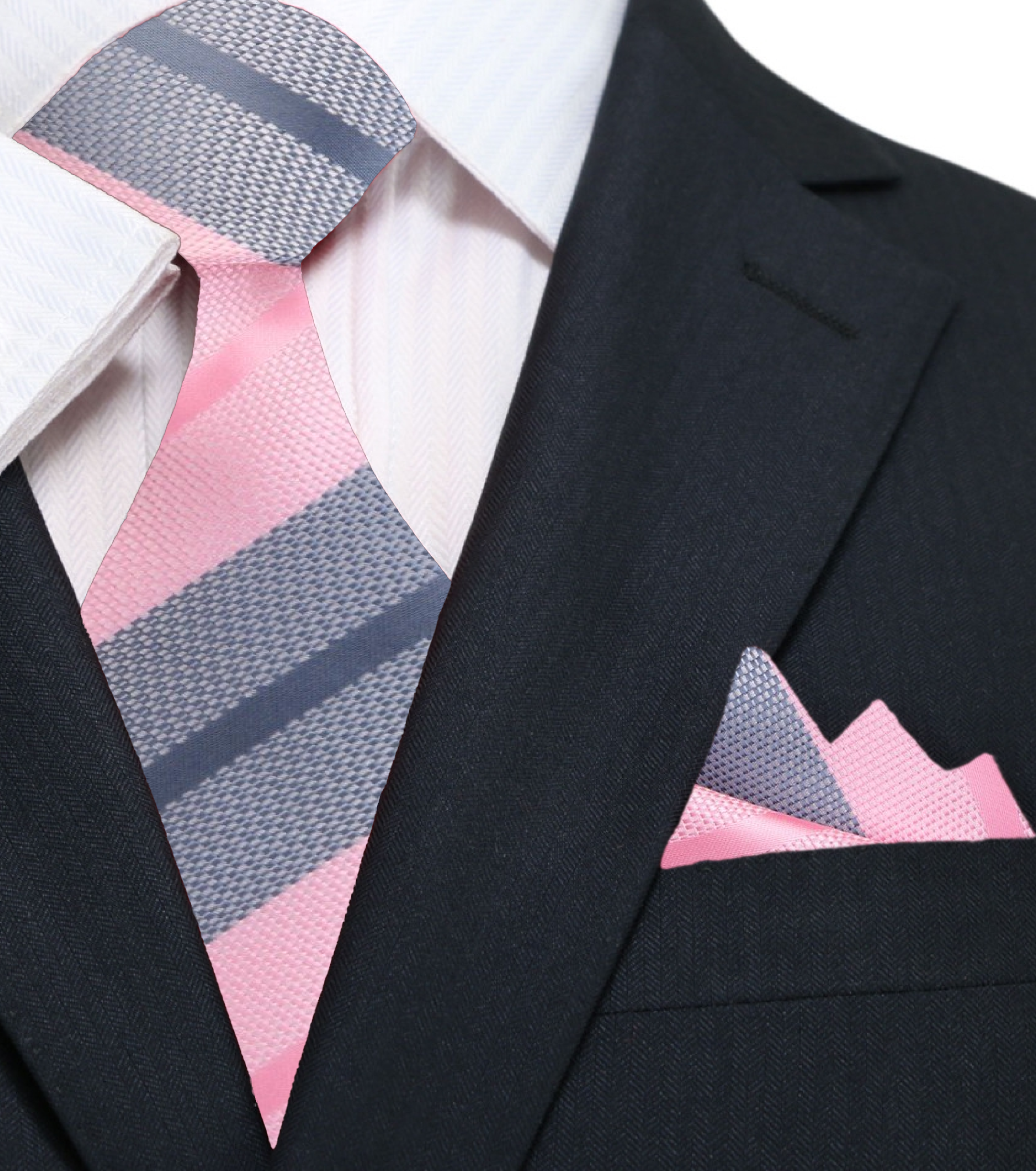 Elegant Pink and Grey Striped Silk Necktie displayed on a crisp white shirt.