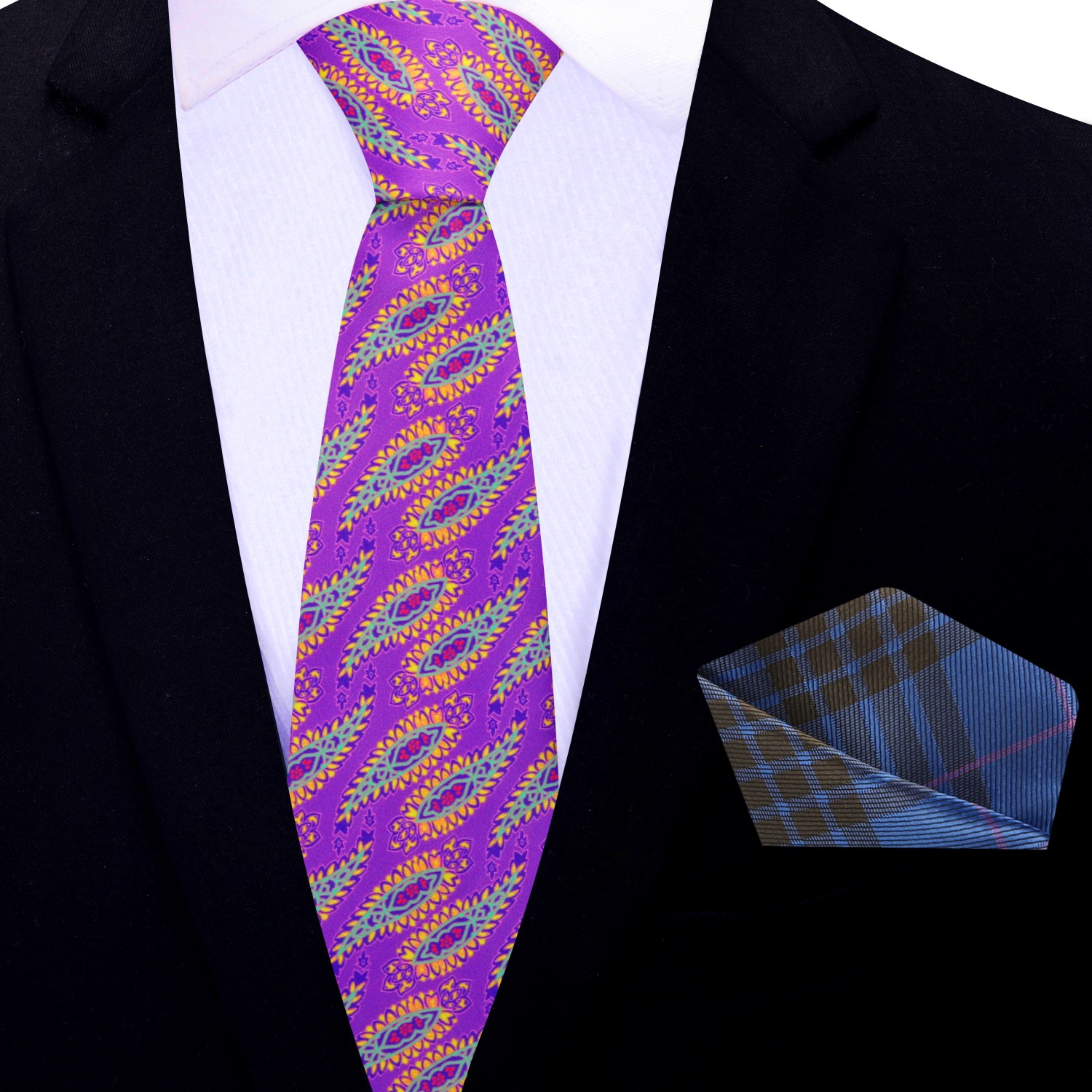 Close-up of vibrant paisley silk tie with jalapeño pattern, ideal for outdoor weddings