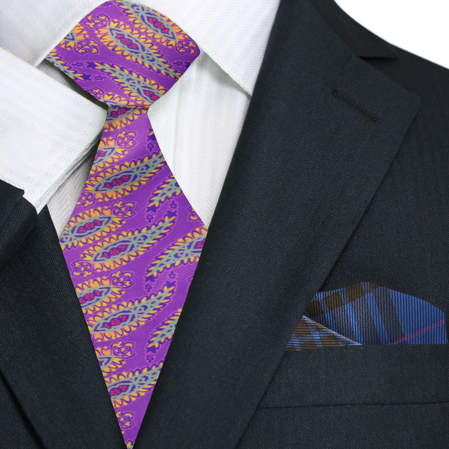 Man wearing colorful paisley necktie with navy suit at garden party