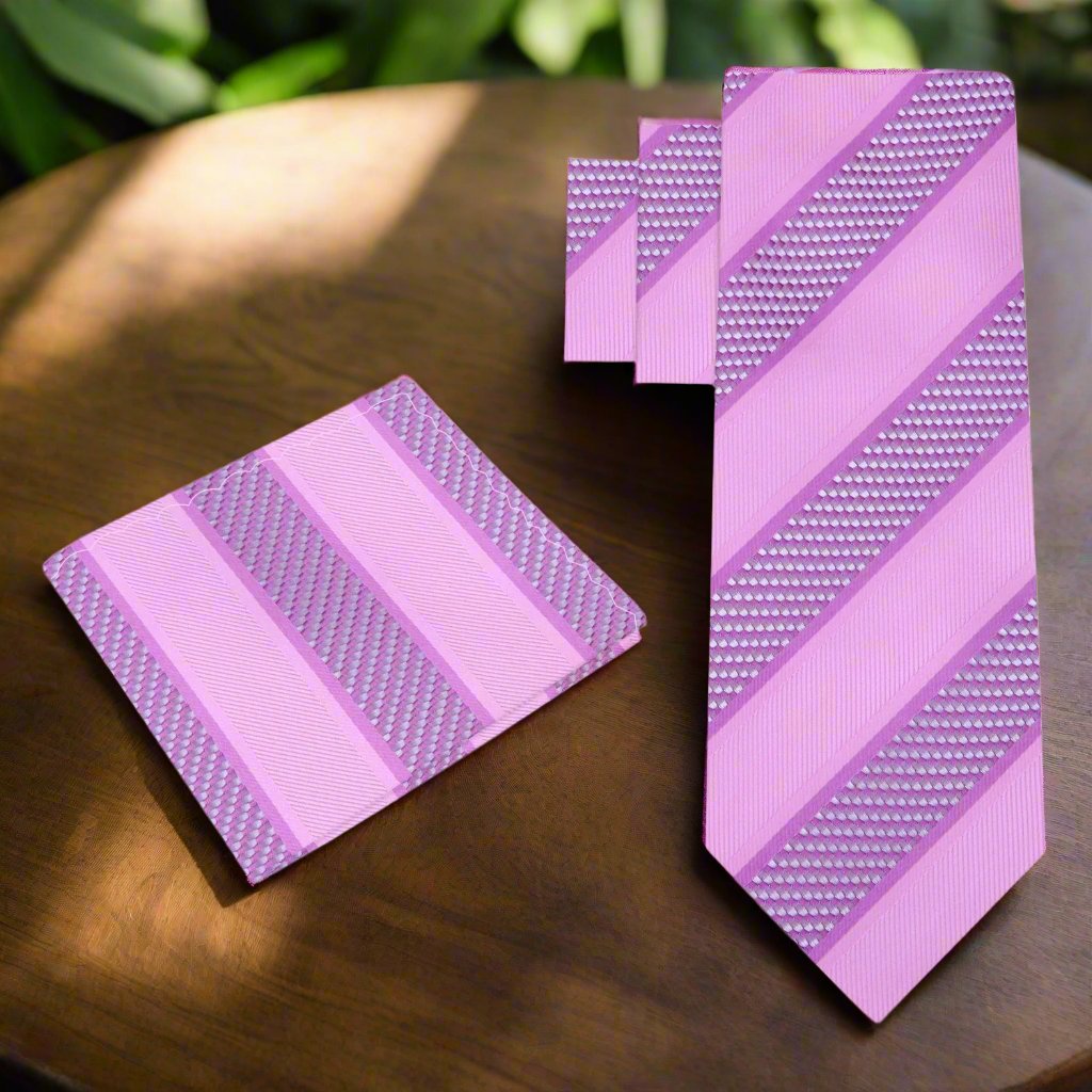 Elegant silk necktie and handkerchief set displayed on a wooden surface for networking events