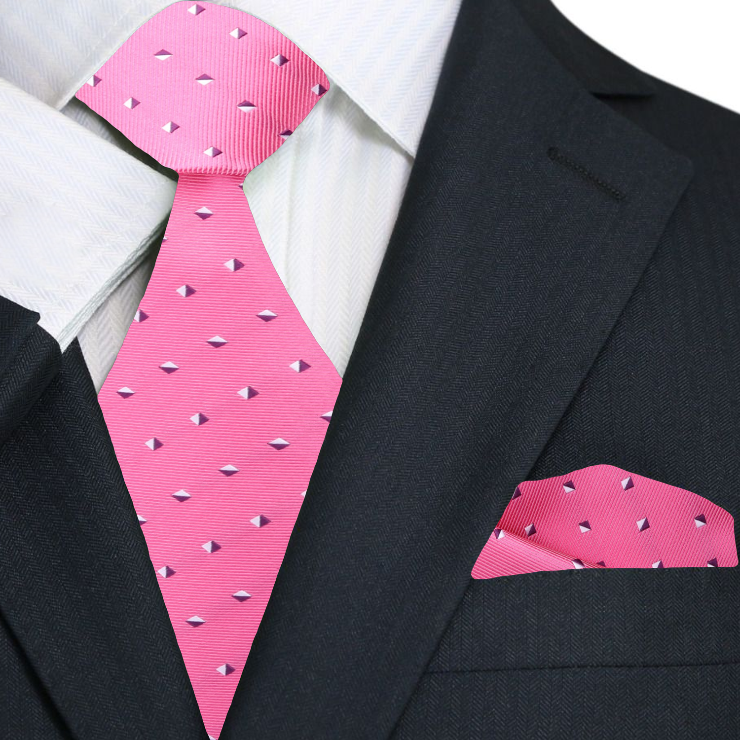Close-up of the geometric pattern on the pink silk tie, showcasing its intricate design.