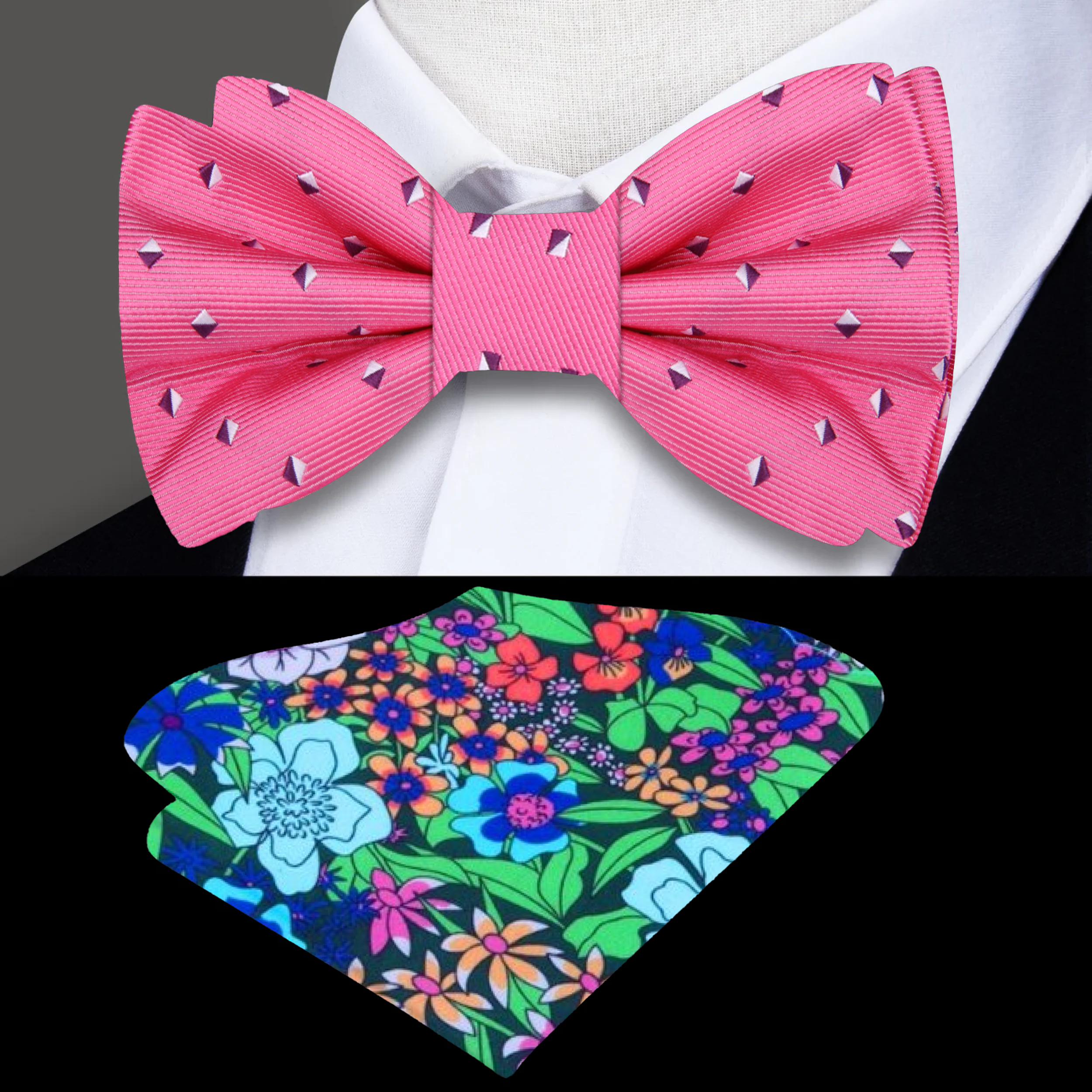 Front view of pink bow tie with geometric pattern, ideal for weddings